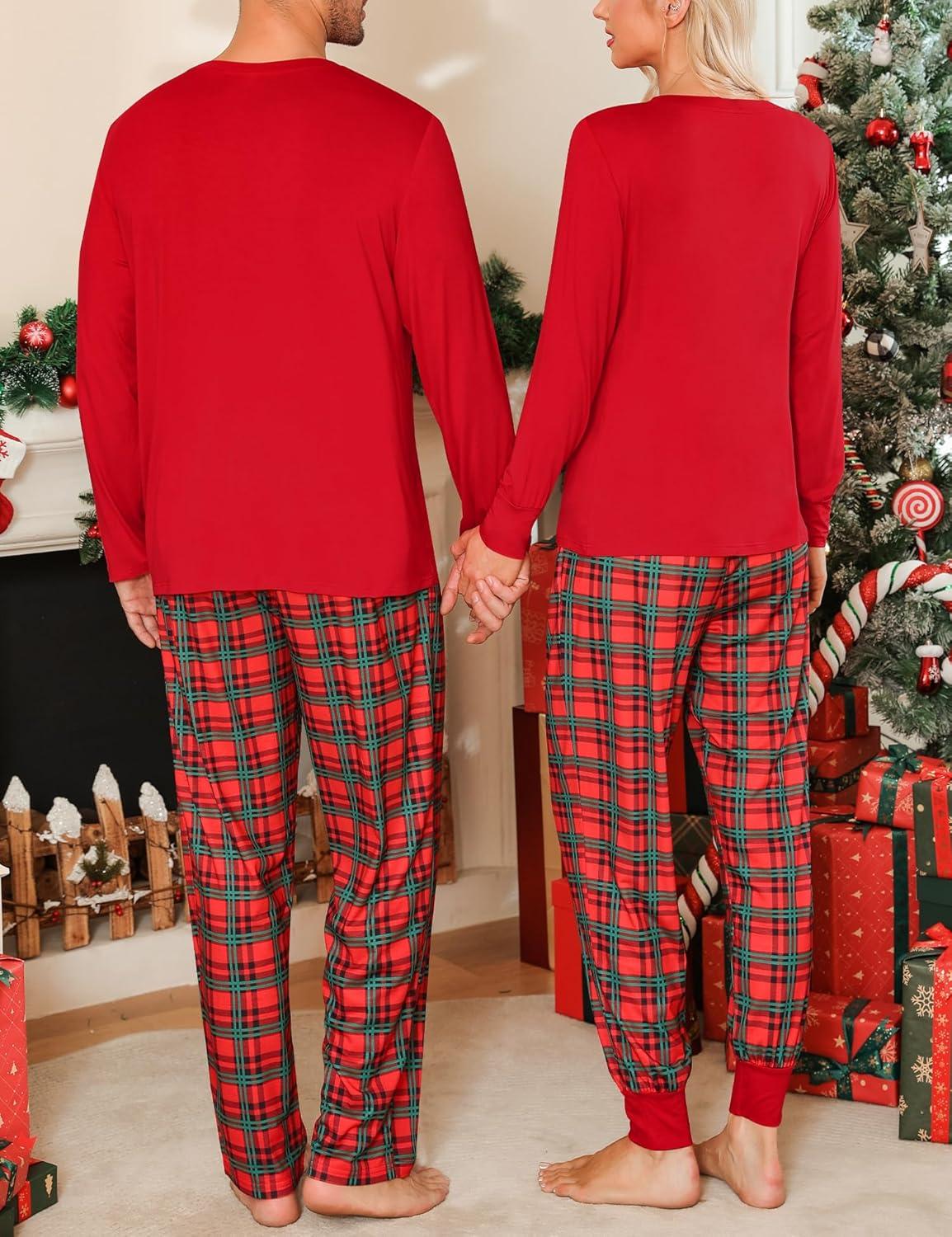 imageSWOMOG Adult Christmas Pajamas Buffalo Plaid Pajama Pants with Pockets Long Sleeve Tops for Couples amp FamilyRed Plaid