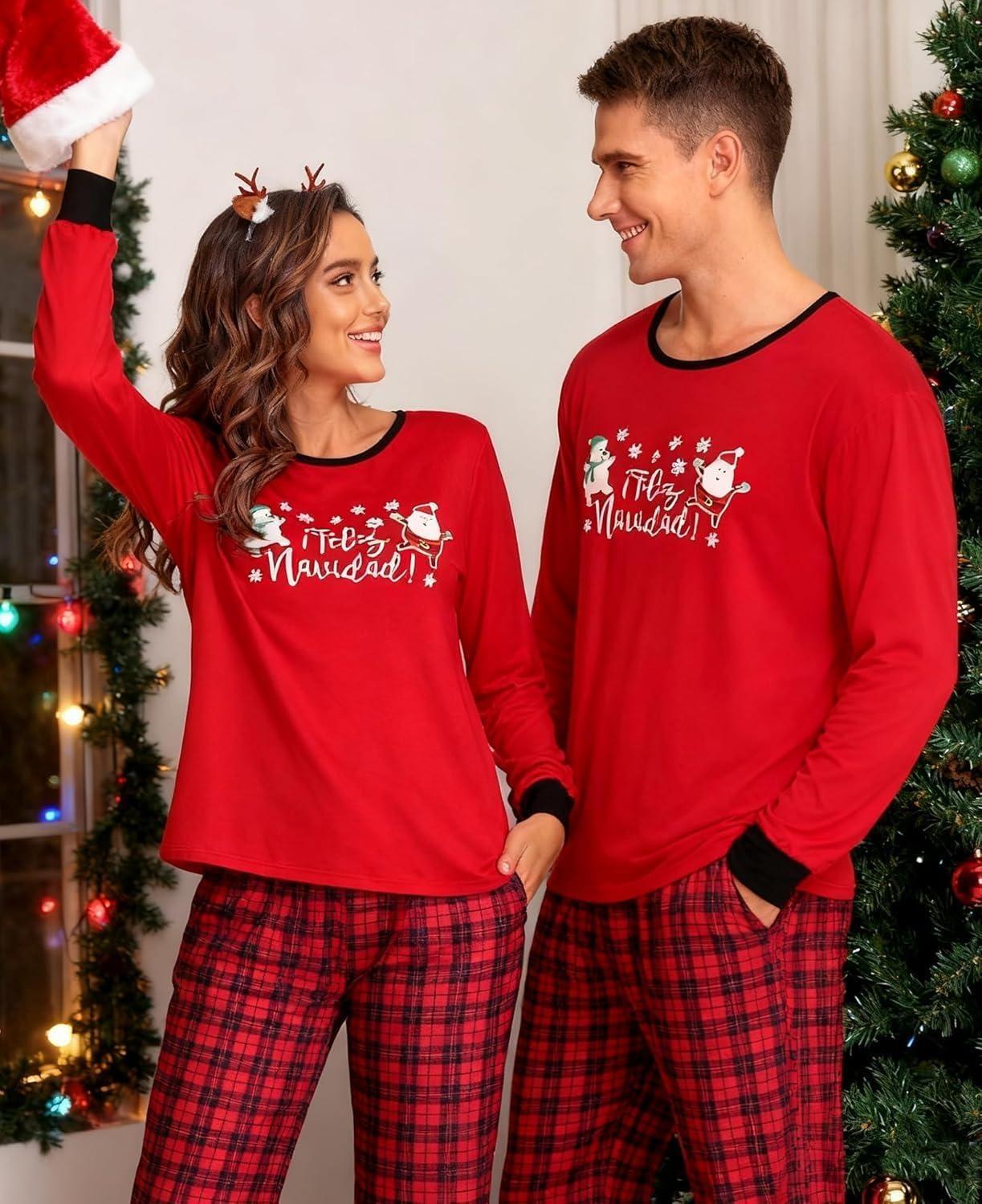 imageSWOMOG Adult Christmas Pajamas Buffalo Plaid Pajama Pants with Pockets Long Sleeve Tops for Couples amp FamilySnowmanplaid