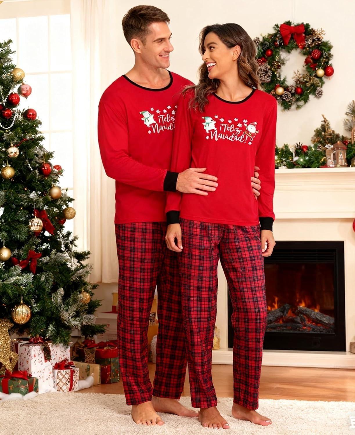 imageSWOMOG Adult Christmas Pajamas Buffalo Plaid Pajama Pants with Pockets Long Sleeve Tops for Couples amp FamilySnowmanplaid