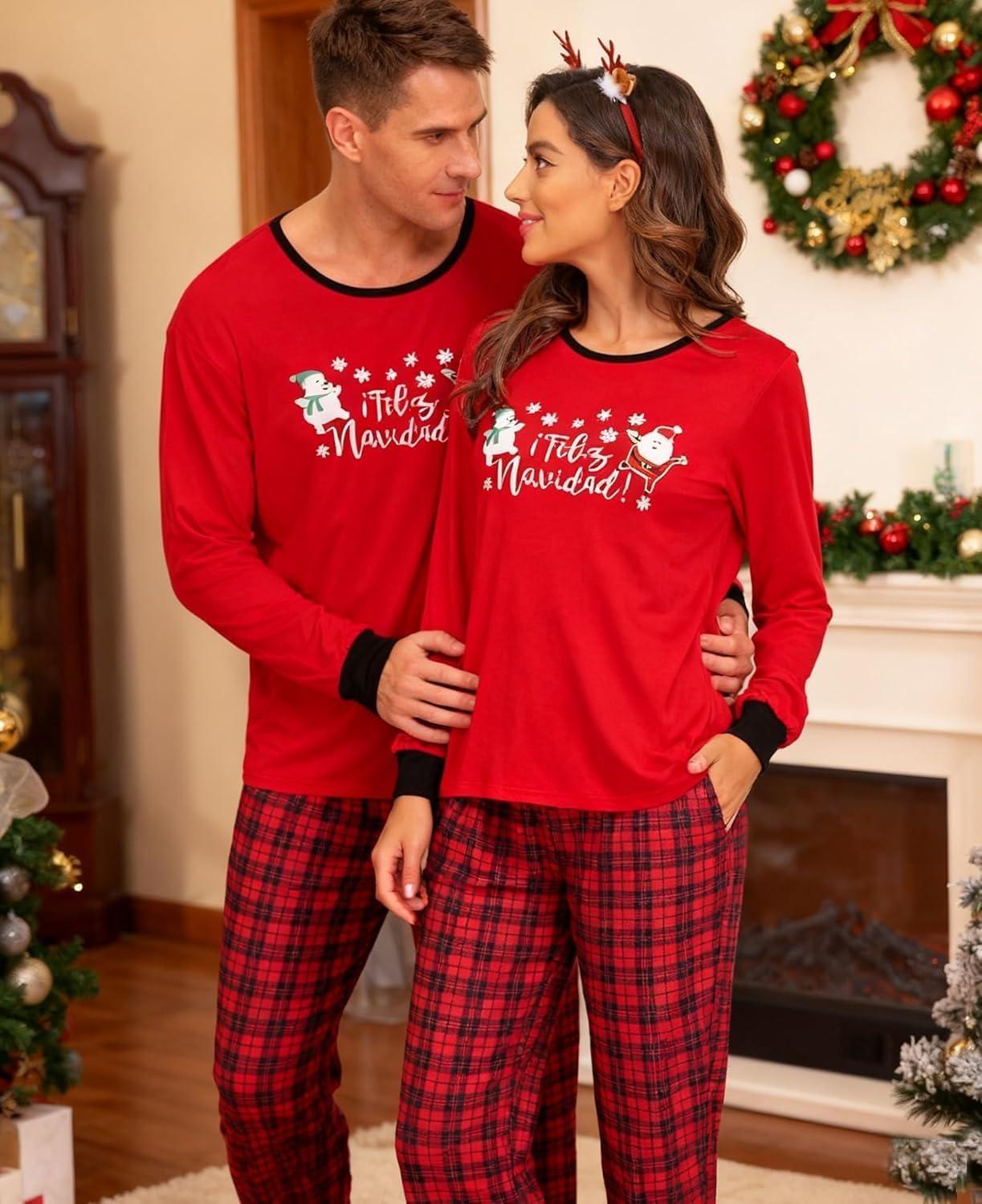 imageSWOMOG Adult Christmas Pajamas Buffalo Plaid Pajama Pants with Pockets Long Sleeve Tops for Couples amp FamilySnowmanplaid