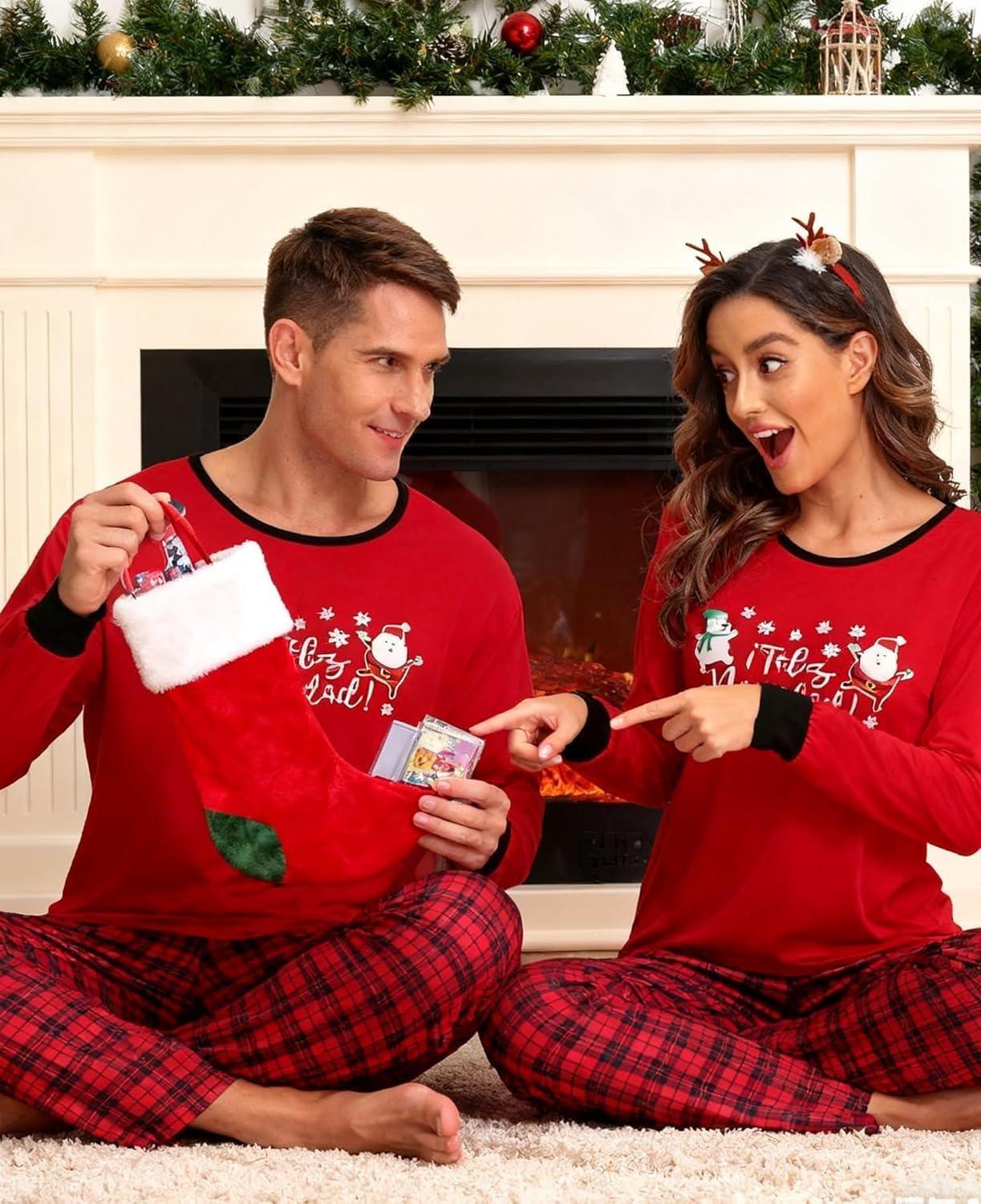 imageSWOMOG Adult Christmas Pajamas Buffalo Plaid Pajama Pants with Pockets Long Sleeve Tops for Couples amp FamilySnowmanplaid