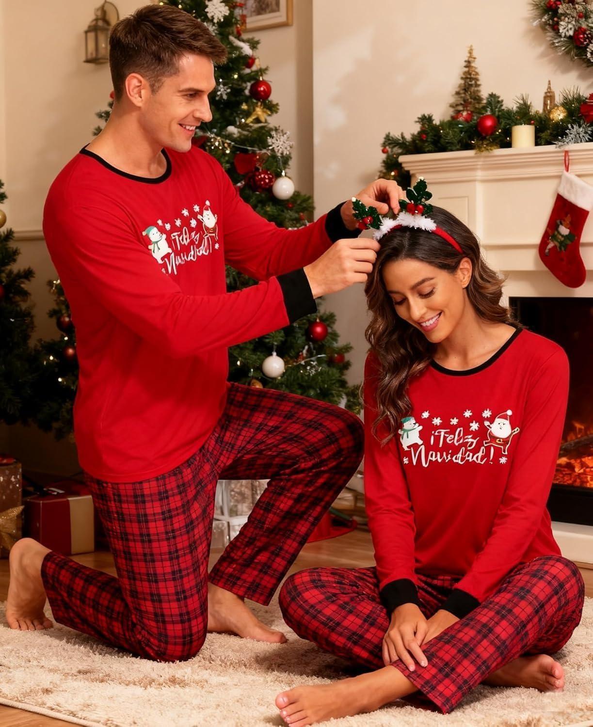 imageSWOMOG Adult Christmas Pajamas Buffalo Plaid Pajama Pants with Pockets Long Sleeve Tops for Couples amp FamilySnowmanplaid