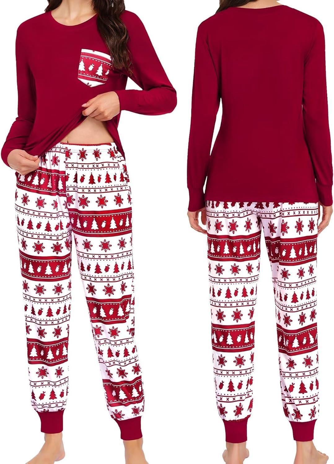imageSWOMOG Adult Christmas Pajamas Buffalo Plaid Pajama Pants with Pockets Long Sleeve Tops for Couples amp FamilyWine Red Christmas Tree
