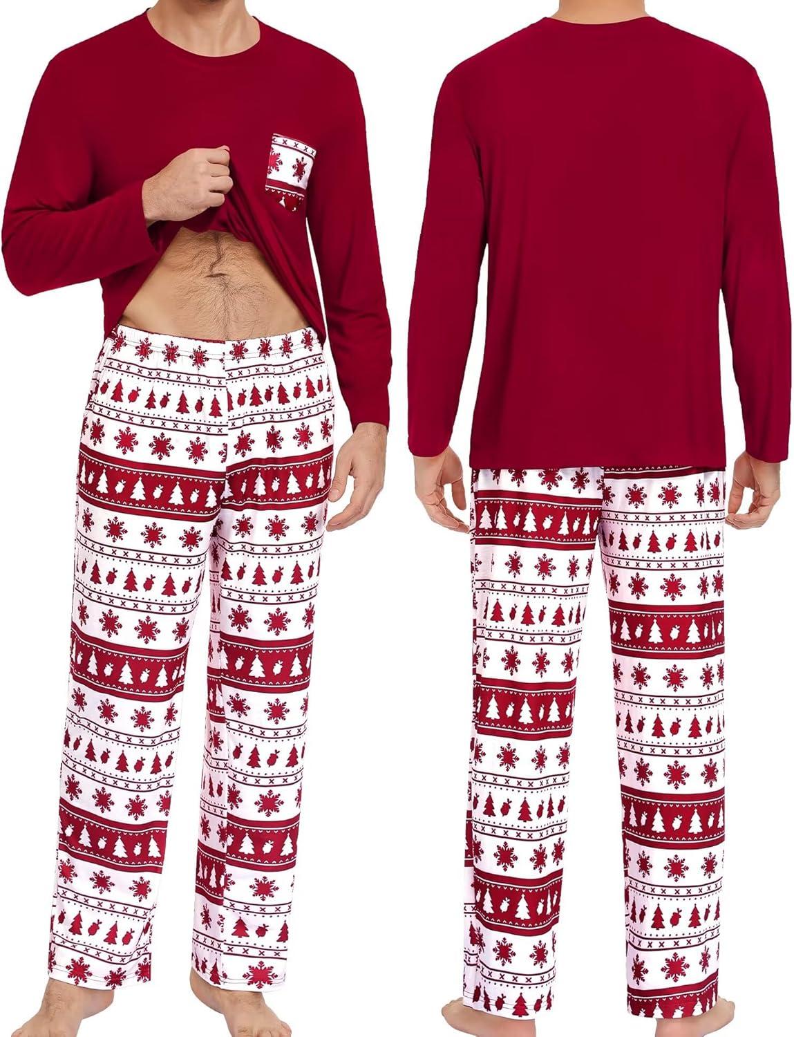 imageSWOMOG Adult Christmas Pajamas Buffalo Plaid Pajama Pants with Pockets Long Sleeve Tops for Couples amp FamilyWine Red Christmas Tree