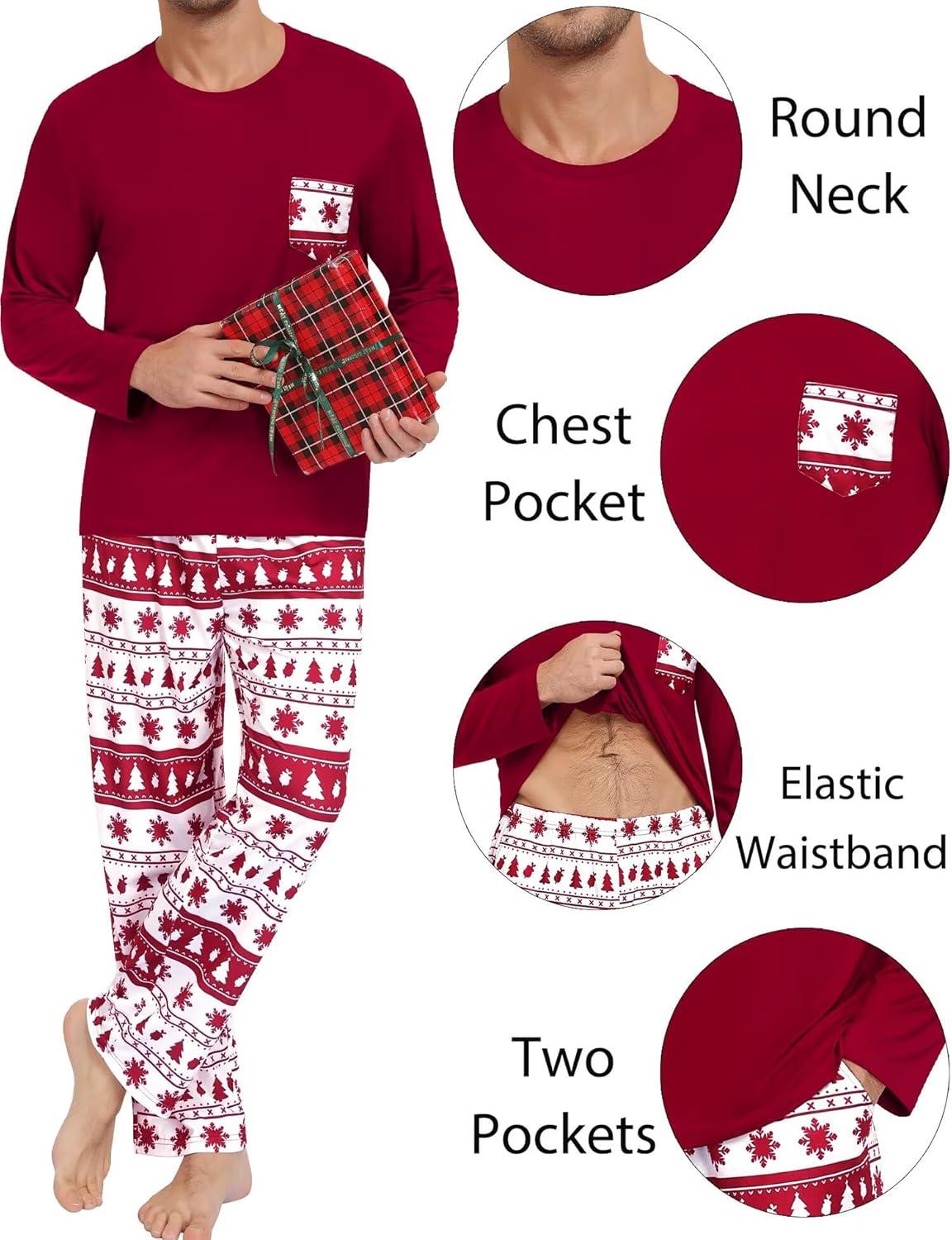 imageSWOMOG Adult Christmas Pajamas Buffalo Plaid Pajama Pants with Pockets Long Sleeve Tops for Couples amp FamilyWine Red Christmas Tree
