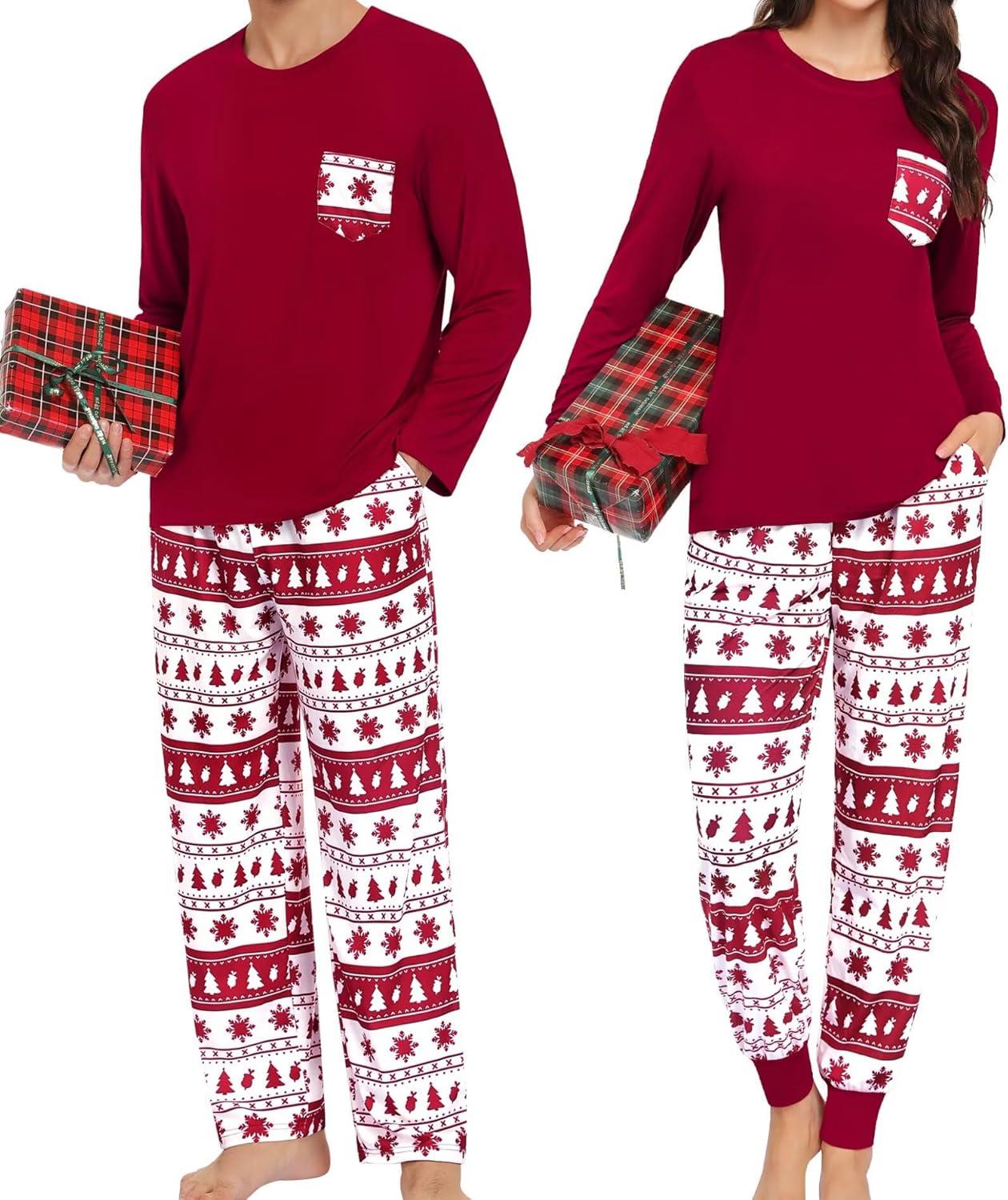imageSWOMOG Adult Christmas Pajamas Buffalo Plaid Pajama Pants with Pockets Long Sleeve Tops for Couples amp FamilyWine Red Christmas Tree
