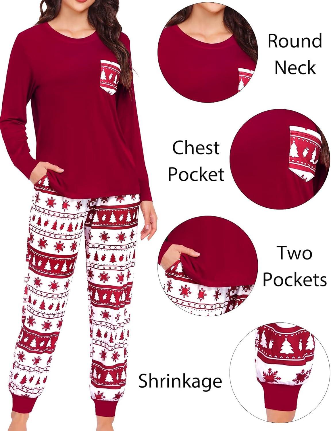 imageSWOMOG Adult Christmas Pajamas Buffalo Plaid Pajama Pants with Pockets Long Sleeve Tops for Couples amp FamilyWine Red Christmas Tree