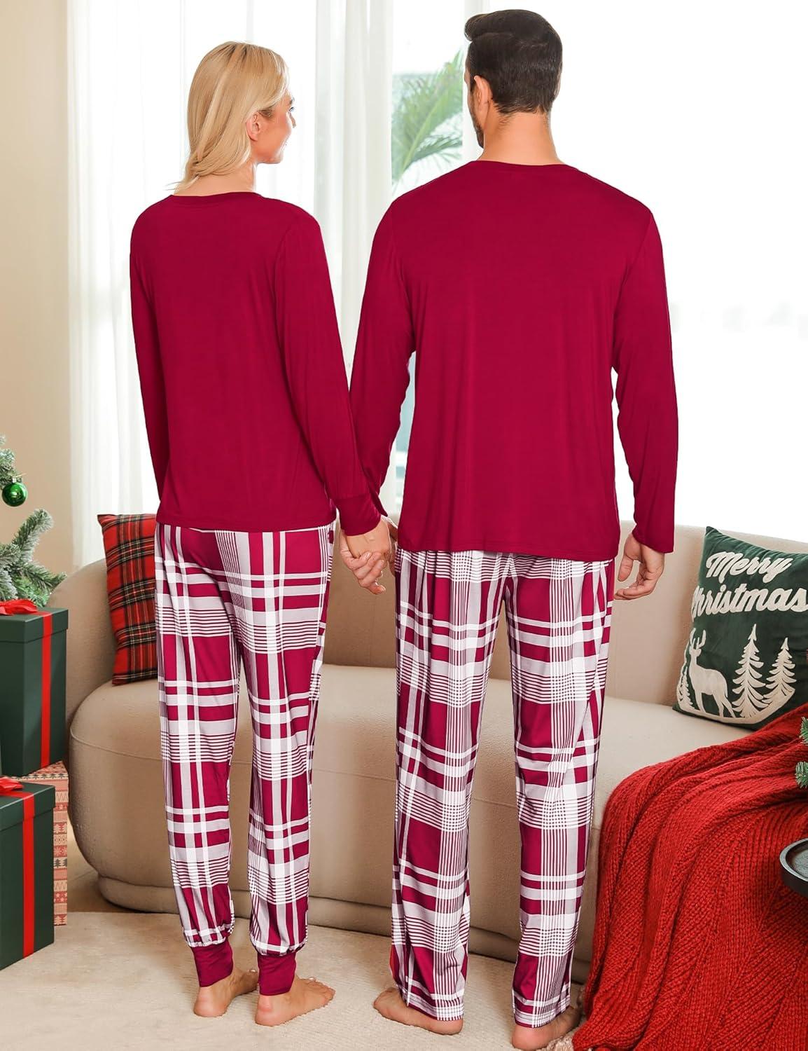 imageSWOMOG Adult Christmas Pajamas Buffalo Plaid Pajama Pants with Pockets Long Sleeve Tops for Couples amp FamilyWine Red Plaid