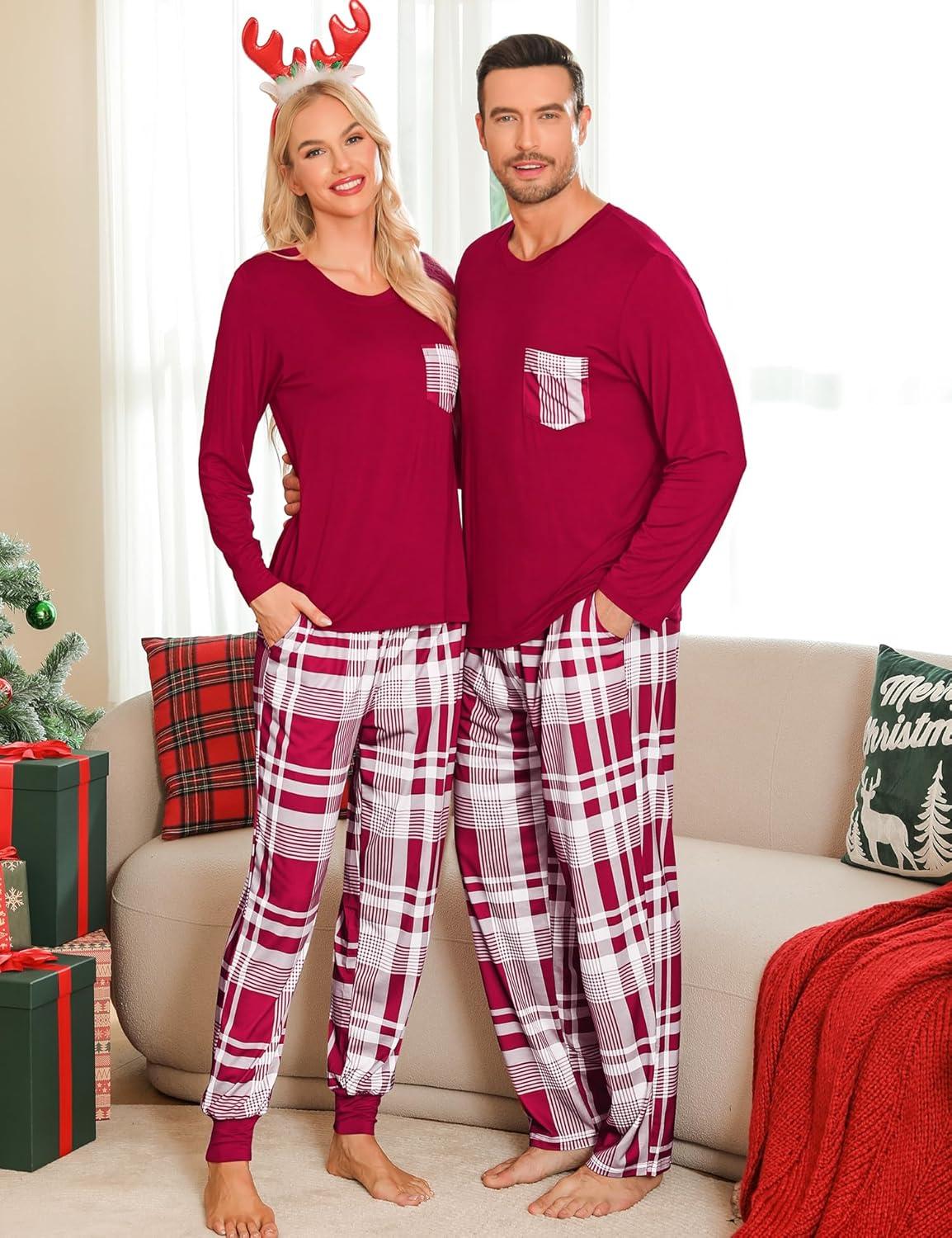 imageSWOMOG Adult Christmas Pajamas Buffalo Plaid Pajama Pants with Pockets Long Sleeve Tops for Couples amp FamilyWine Red Plaid
