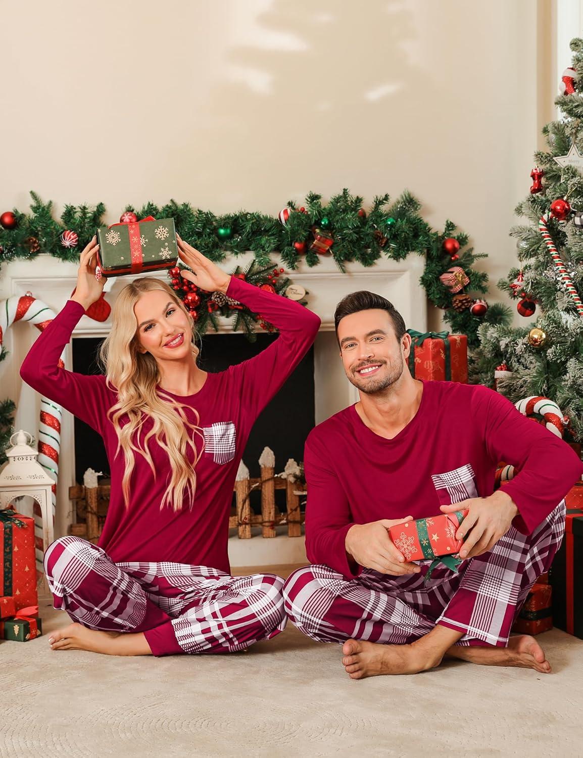 imageSWOMOG Adult Christmas Pajamas Buffalo Plaid Pajama Pants with Pockets Long Sleeve Tops for Couples amp FamilyWine Red Plaid