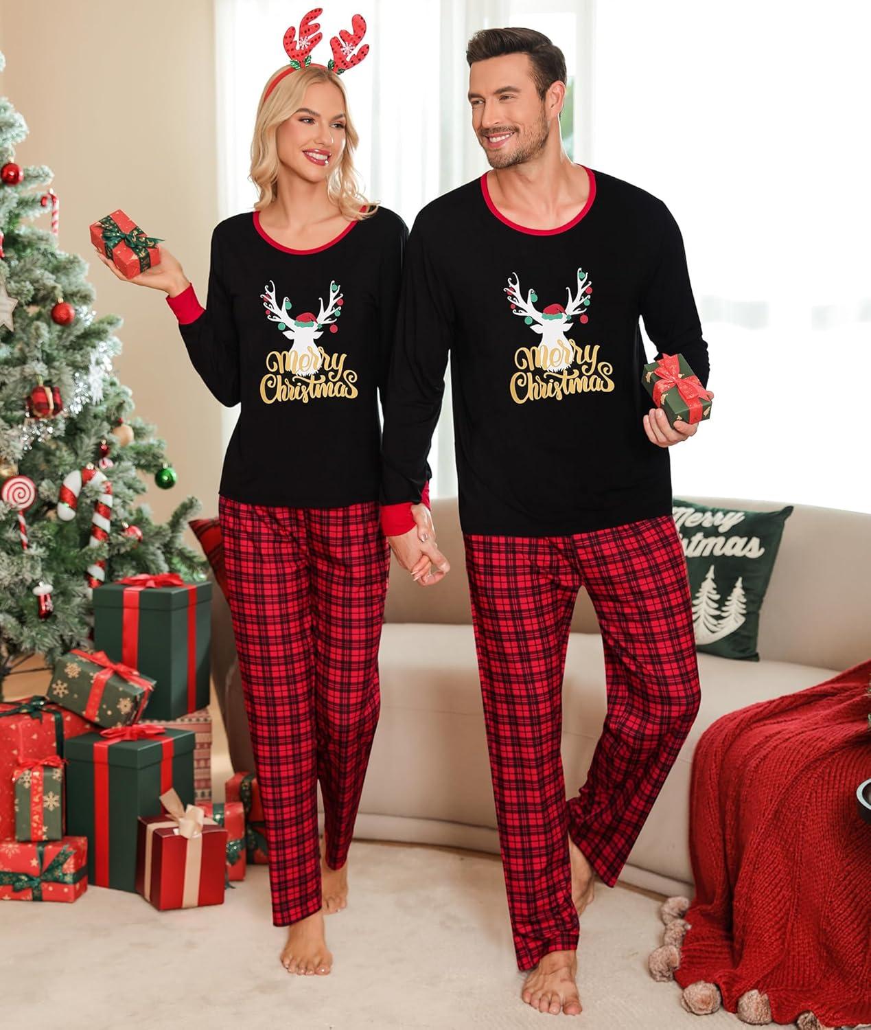 imageSWOMOG Adult Christmas Pajamas Buffalo Plaid Pajama Pants with Pockets Long Sleeve Tops for Couples amp FamilyXmas Reindeerplaid