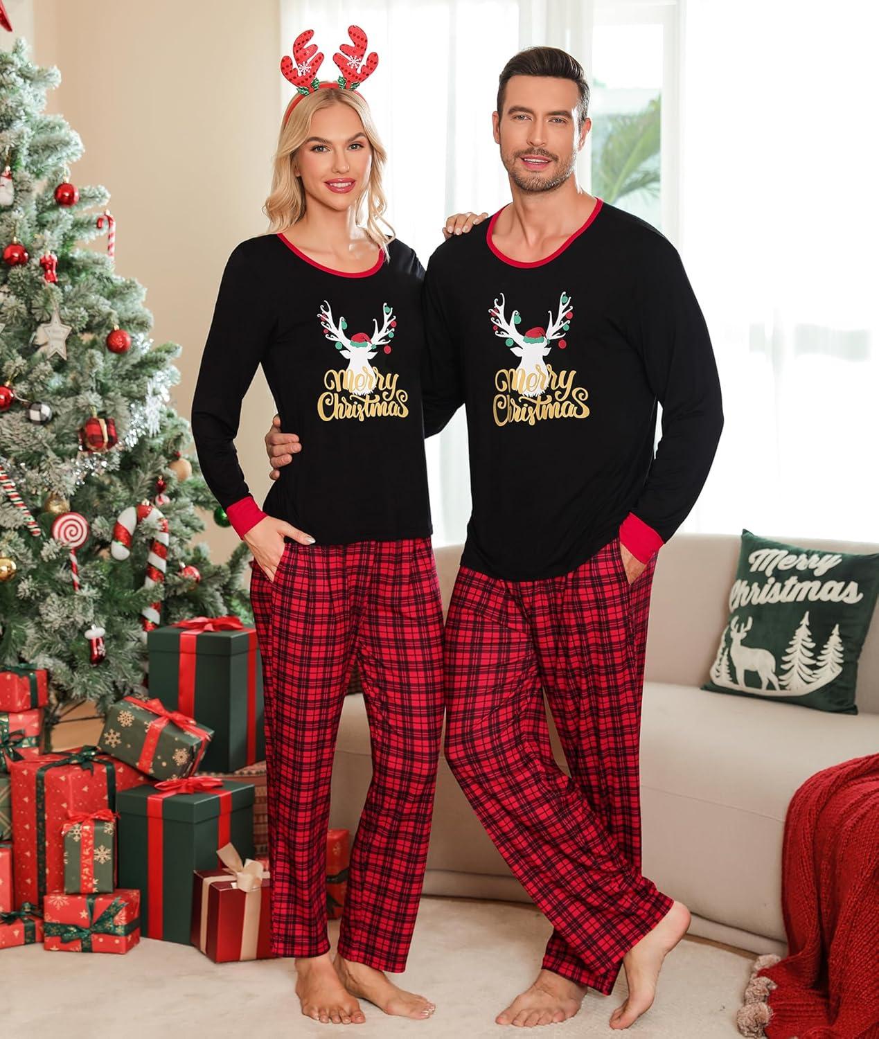 imageSWOMOG Adult Christmas Pajamas Buffalo Plaid Pajama Pants with Pockets Long Sleeve Tops for Couples amp FamilyXmas Reindeerplaid