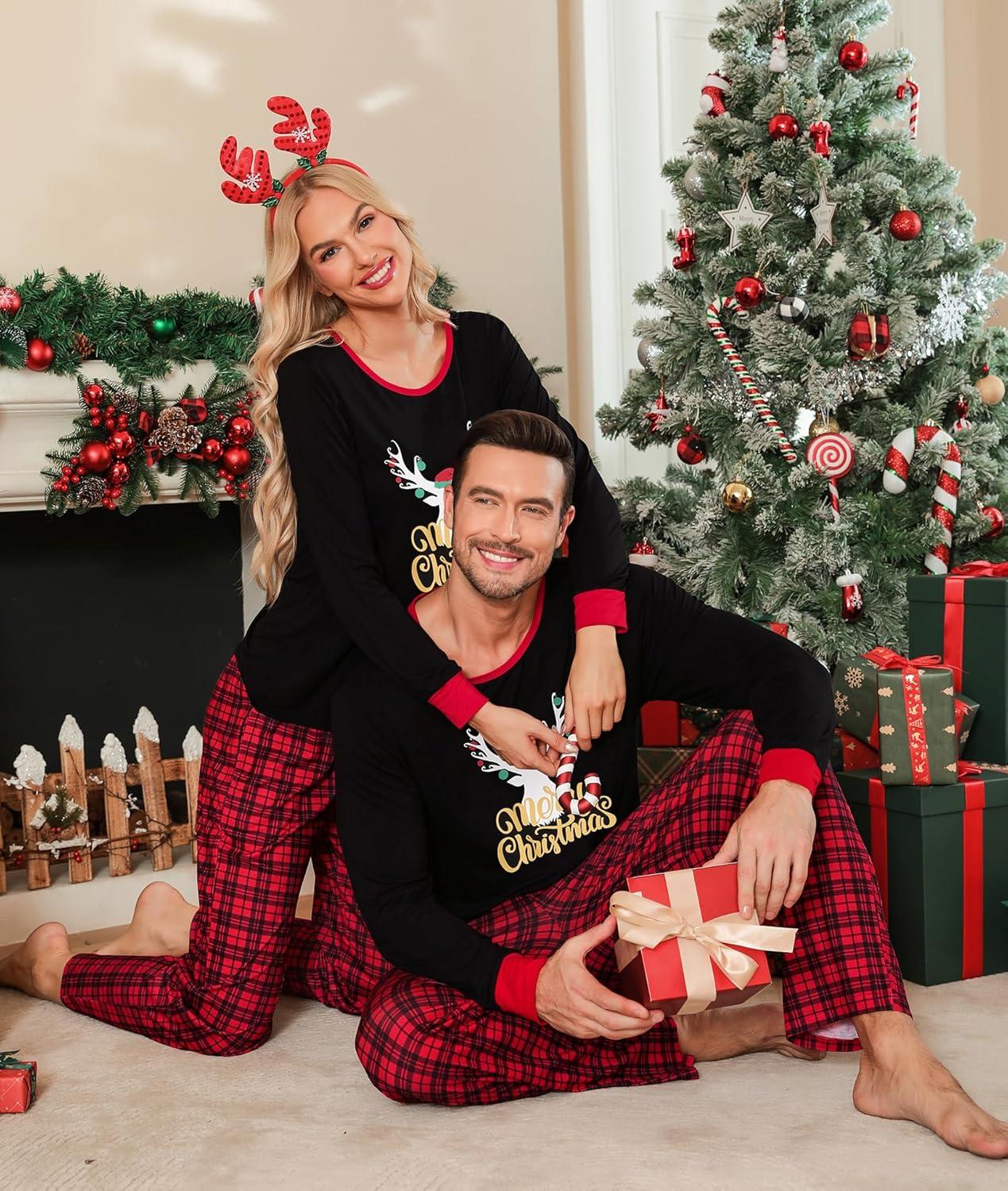 imageSWOMOG Adult Christmas Pajamas Buffalo Plaid Pajama Pants with Pockets Long Sleeve Tops for Couples amp FamilyXmas Reindeerplaid