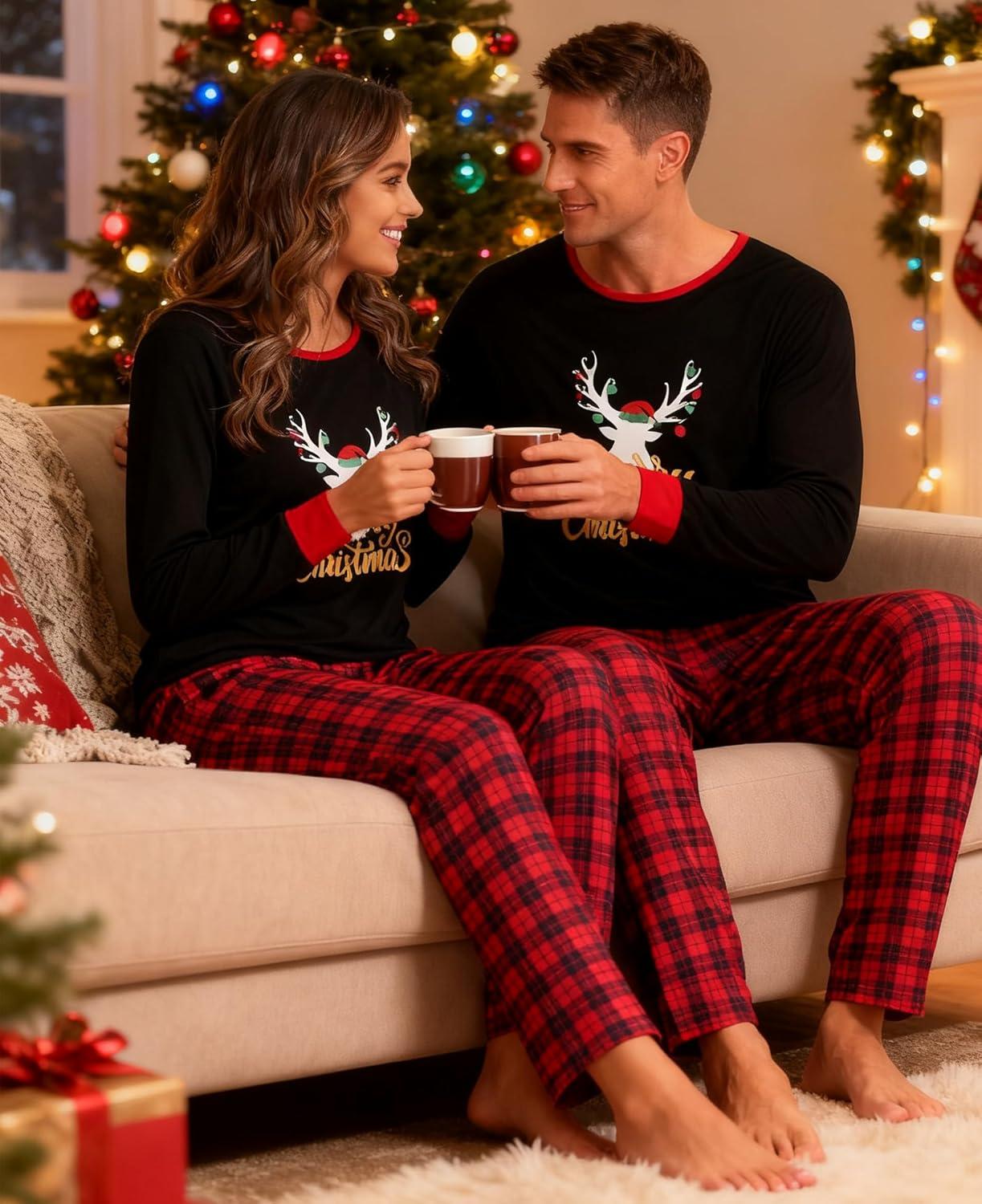 imageSWOMOG Adult Christmas Pajamas Buffalo Plaid Pajama Pants with Pockets Long Sleeve Tops for Couples amp FamilyXmas Reindeerplaid