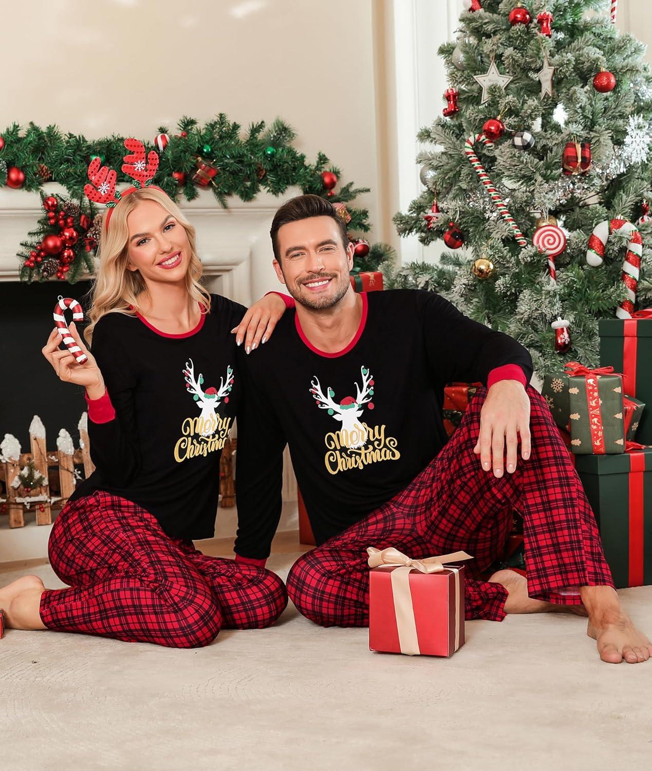 imageSWOMOG Adult Christmas Pajamas Buffalo Plaid Pajama Pants with Pockets Long Sleeve Tops for Couples amp FamilyXmas Reindeerplaid