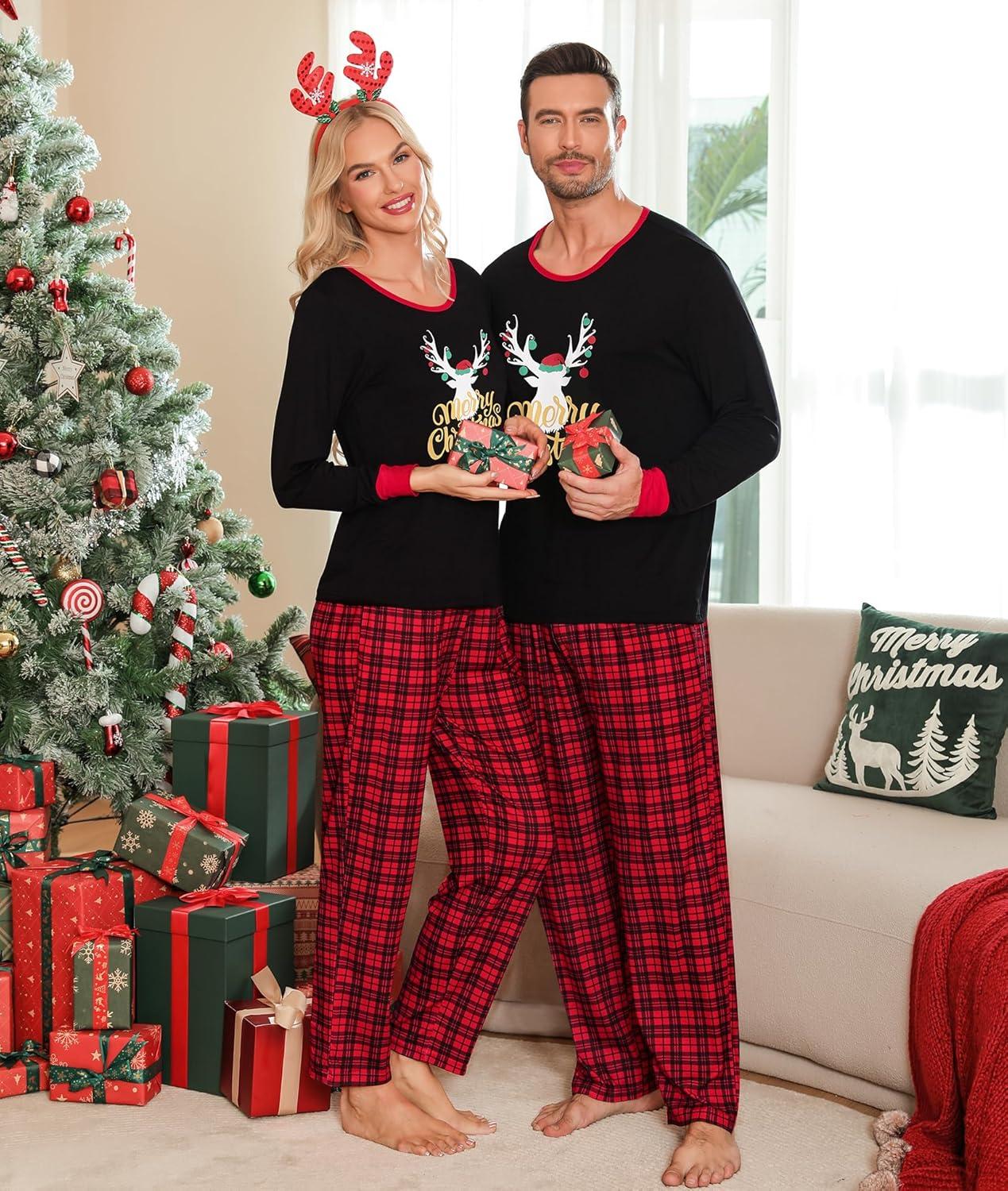 imageSWOMOG Adult Christmas Pajamas Buffalo Plaid Pajama Pants with Pockets Long Sleeve Tops for Couples amp FamilyXmas Reindeerplaid