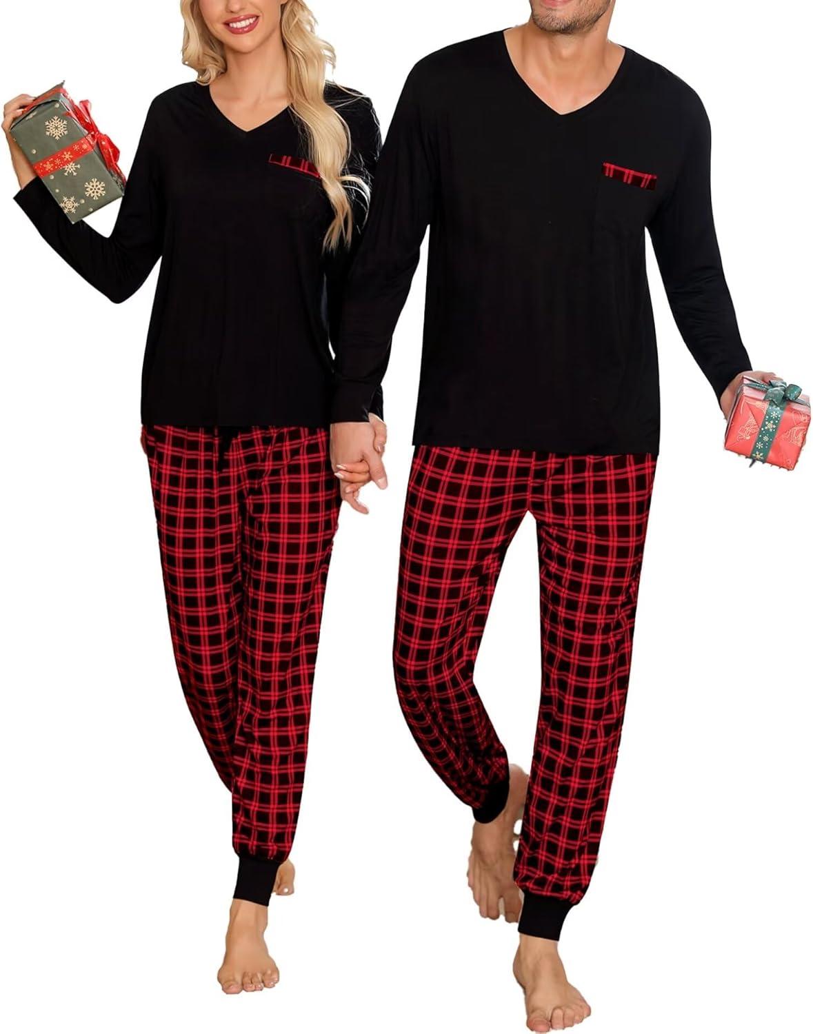 imageSWOMOG Adult Christmas Pajamas Buffalo Plaid Pajama Pants with Pockets Long Sleeve Tops for Couples amp FamilyZblack