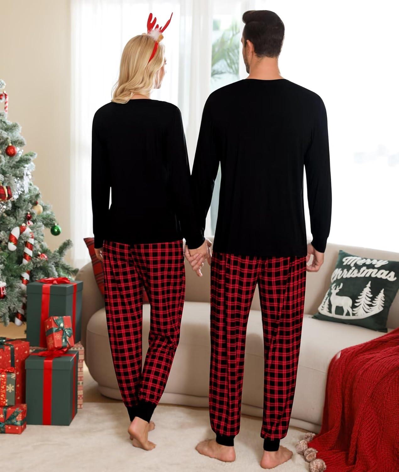 imageSWOMOG Adult Christmas Pajamas Buffalo Plaid Pajama Pants with Pockets Long Sleeve Tops for Couples amp FamilyZblack