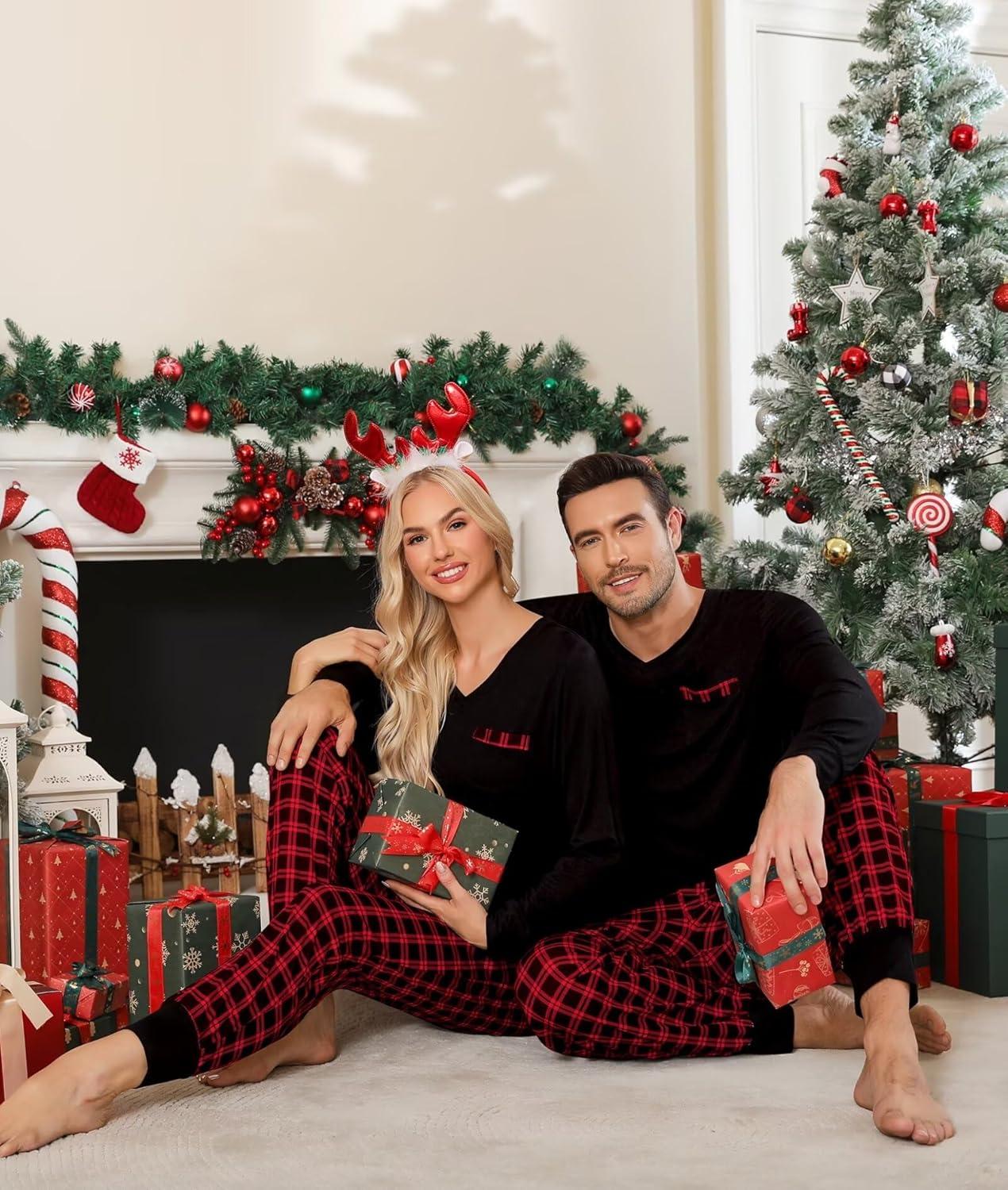 imageSWOMOG Adult Christmas Pajamas Buffalo Plaid Pajama Pants with Pockets Long Sleeve Tops for Couples amp FamilyZblack