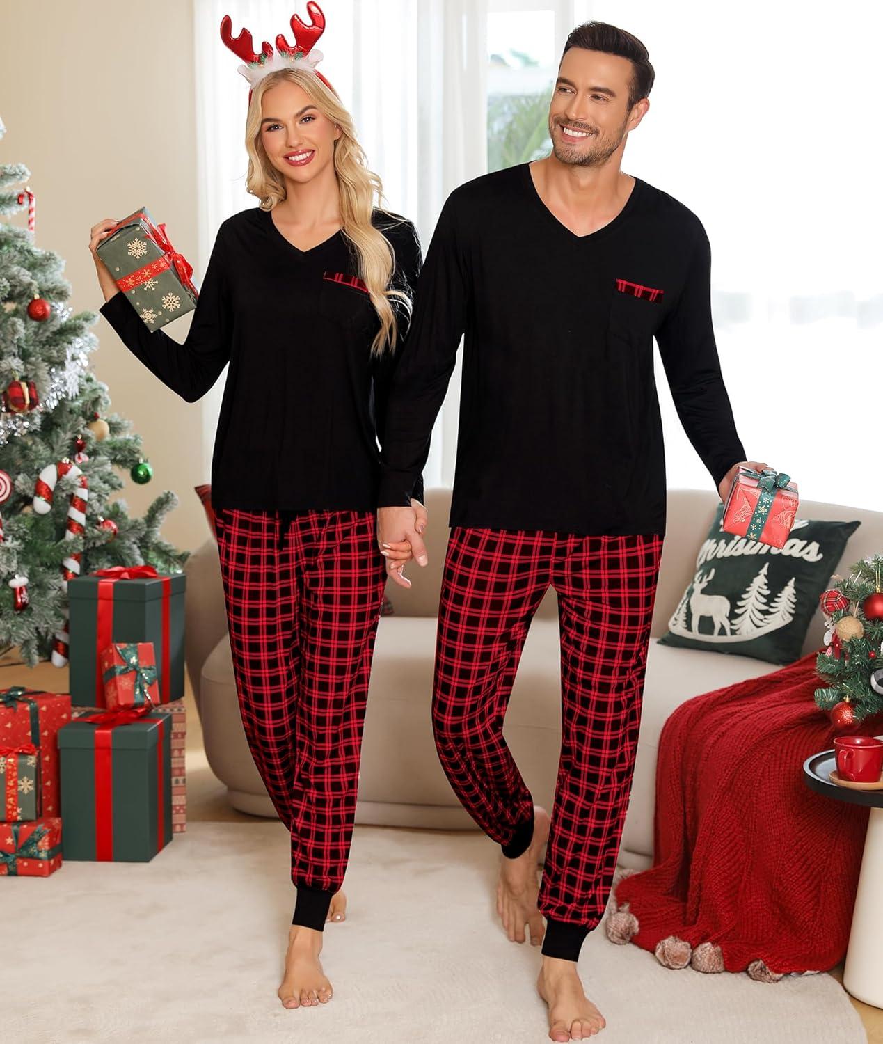 imageSWOMOG Adult Christmas Pajamas Buffalo Plaid Pajama Pants with Pockets Long Sleeve Tops for Couples amp FamilyZblack