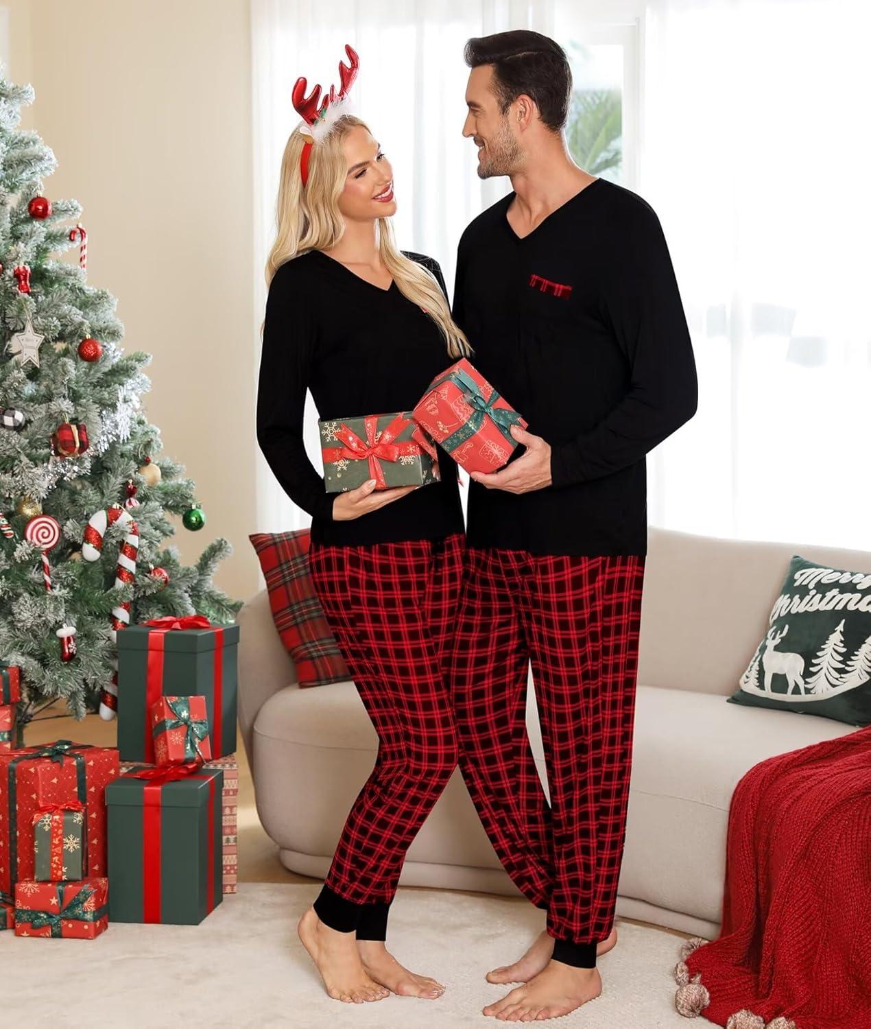 imageSWOMOG Adult Christmas Pajamas Buffalo Plaid Pajama Pants with Pockets Long Sleeve Tops for Couples amp FamilyZblack