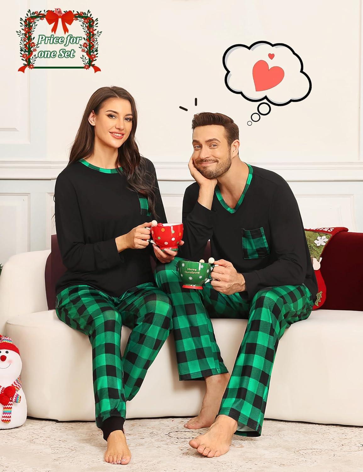 imageSWOMOG Couple Matching Pajamas Plaid Long Sleeve Christmas Pjs for Men and Women Soft Warm Loungewear with PocketBlack Green Grid
