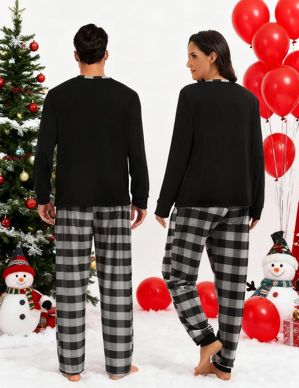 imageSWOMOG Couple Matching Pajamas Plaid Long Sleeve Christmas Pjs for Men and Women Soft Warm Loungewear with PocketBlack Grey Grid