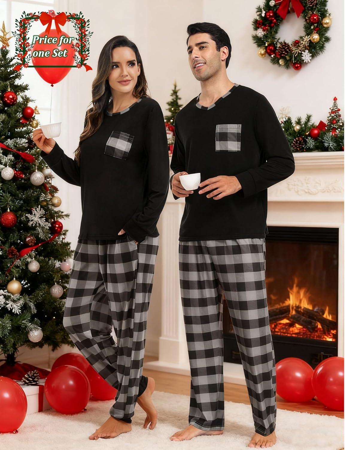 imageSWOMOG Couple Matching Pajamas Plaid Long Sleeve Christmas Pjs for Men and Women Soft Warm Loungewear with PocketBlack Grey Grid