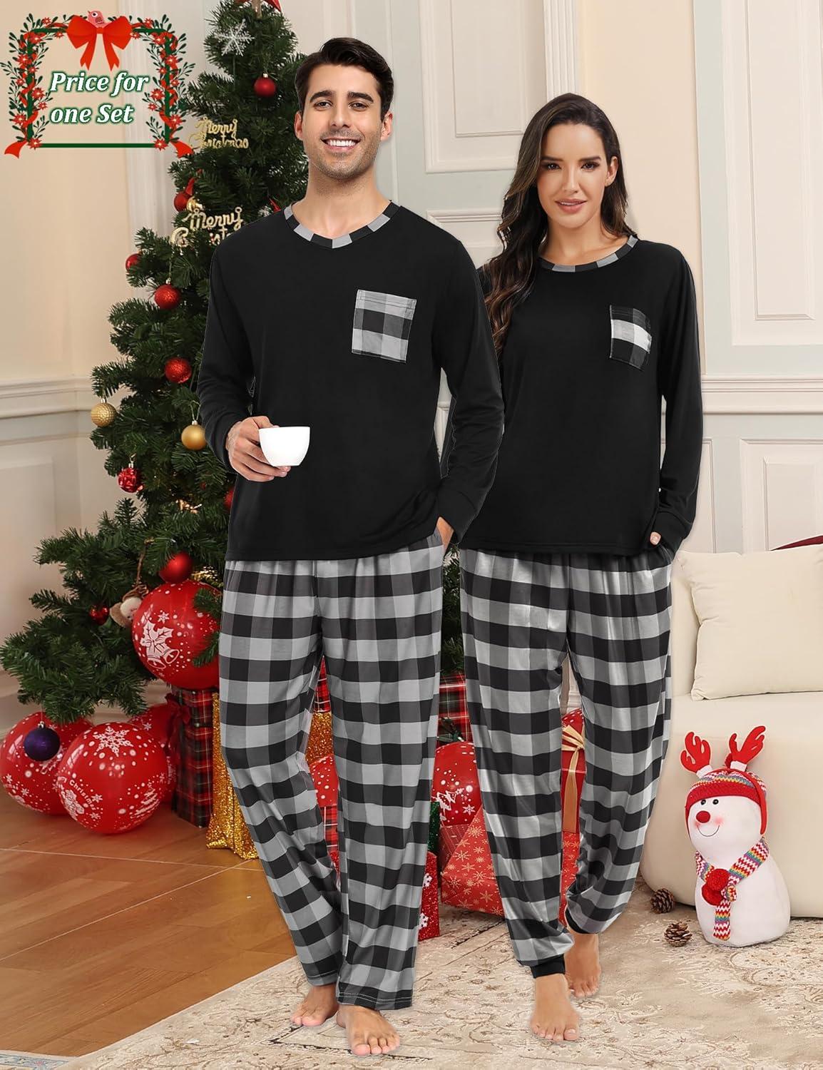 imageSWOMOG Couple Matching Pajamas Plaid Long Sleeve Christmas Pjs for Men and Women Soft Warm Loungewear with PocketBlack Grey Grid