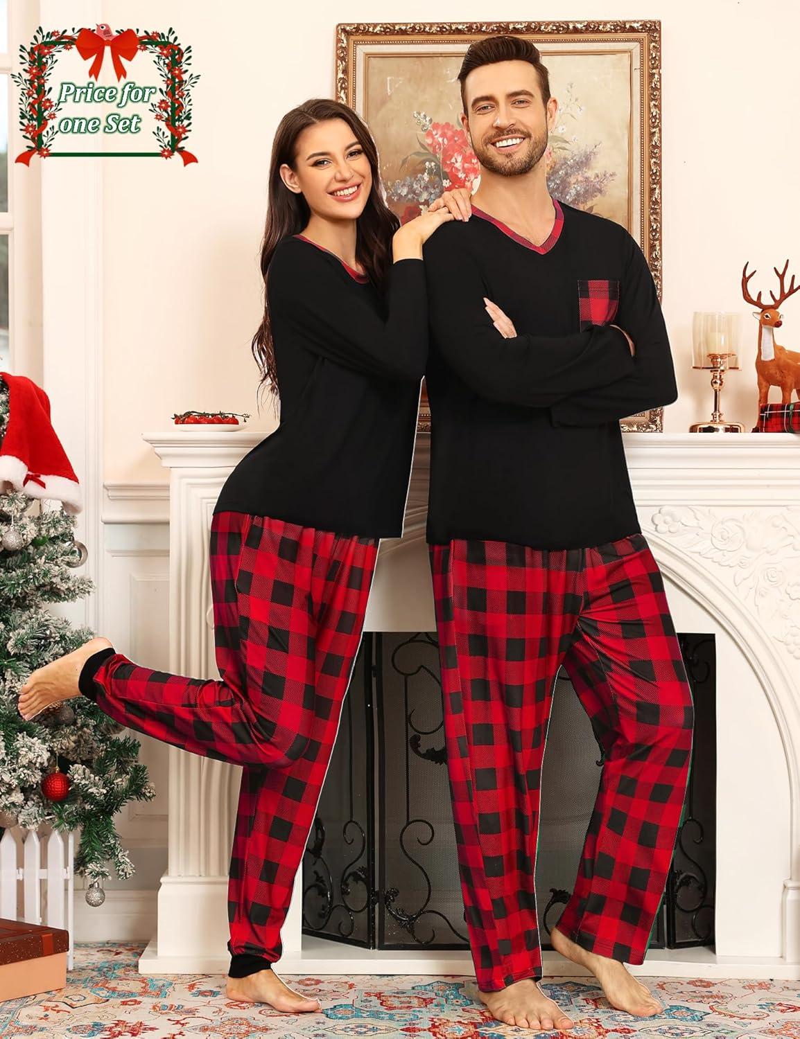 imageSWOMOG Couple Matching Pajamas Plaid Long Sleeve Christmas Pjs for Men and Women Soft Warm Loungewear with PocketRed Black Grid