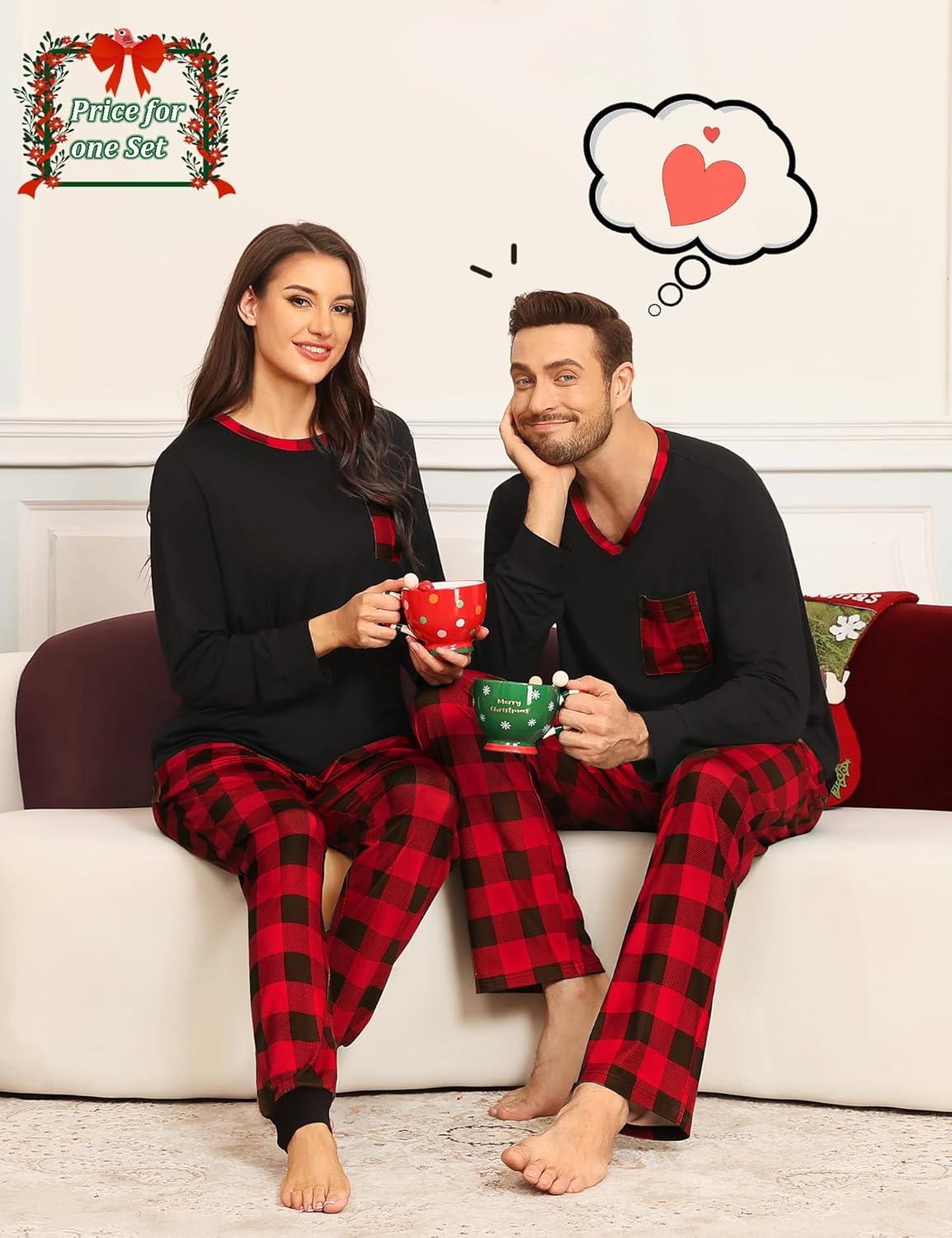 imageSWOMOG Couple Matching Pajamas Plaid Long Sleeve Christmas Pjs for Men and Women Soft Warm Loungewear with PocketRed Black Grid