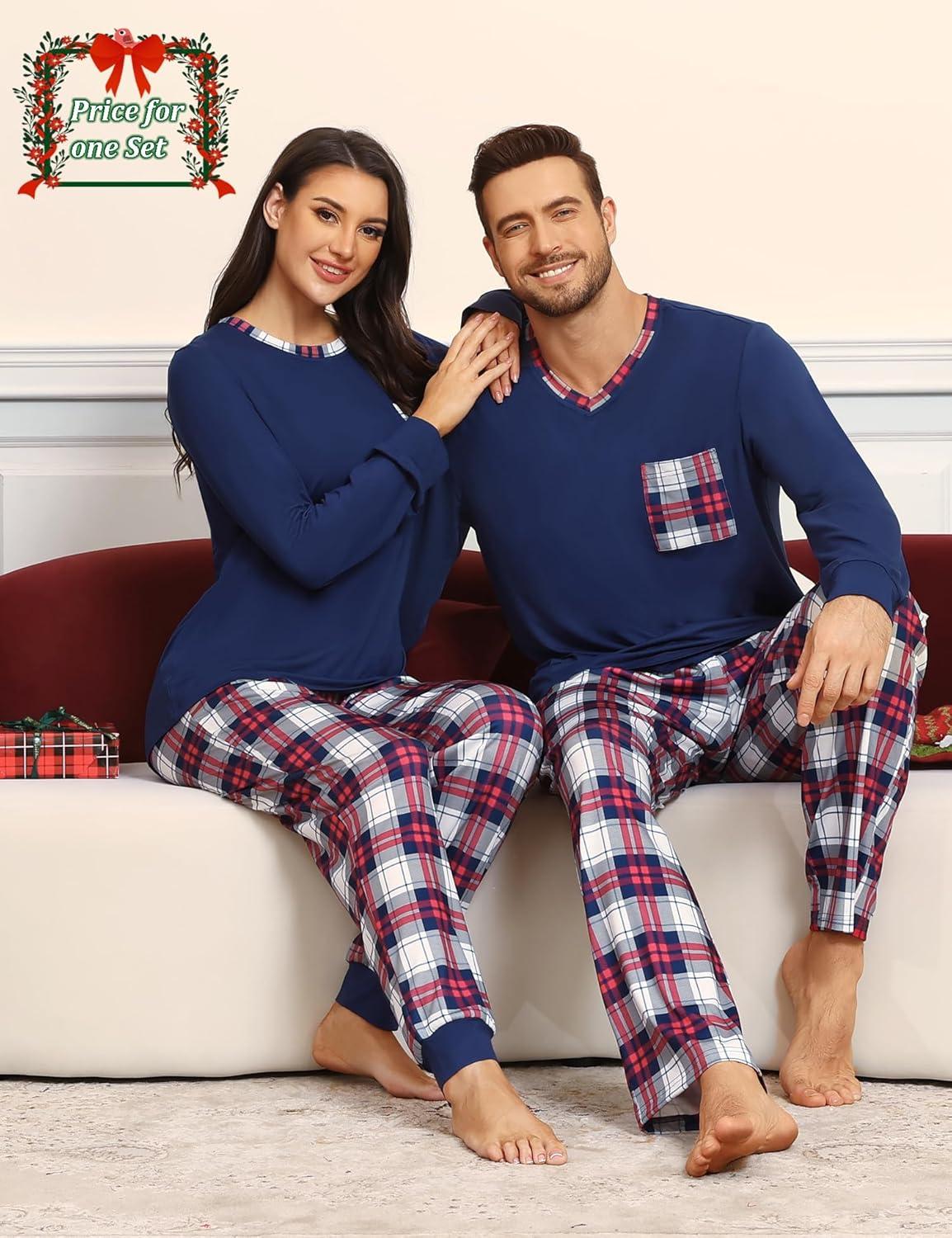 imageSWOMOG Couple Matching Pajamas Plaid Long Sleeve Christmas Pjs for Men and Women Soft Warm Loungewear with PocketRed Navy Grid