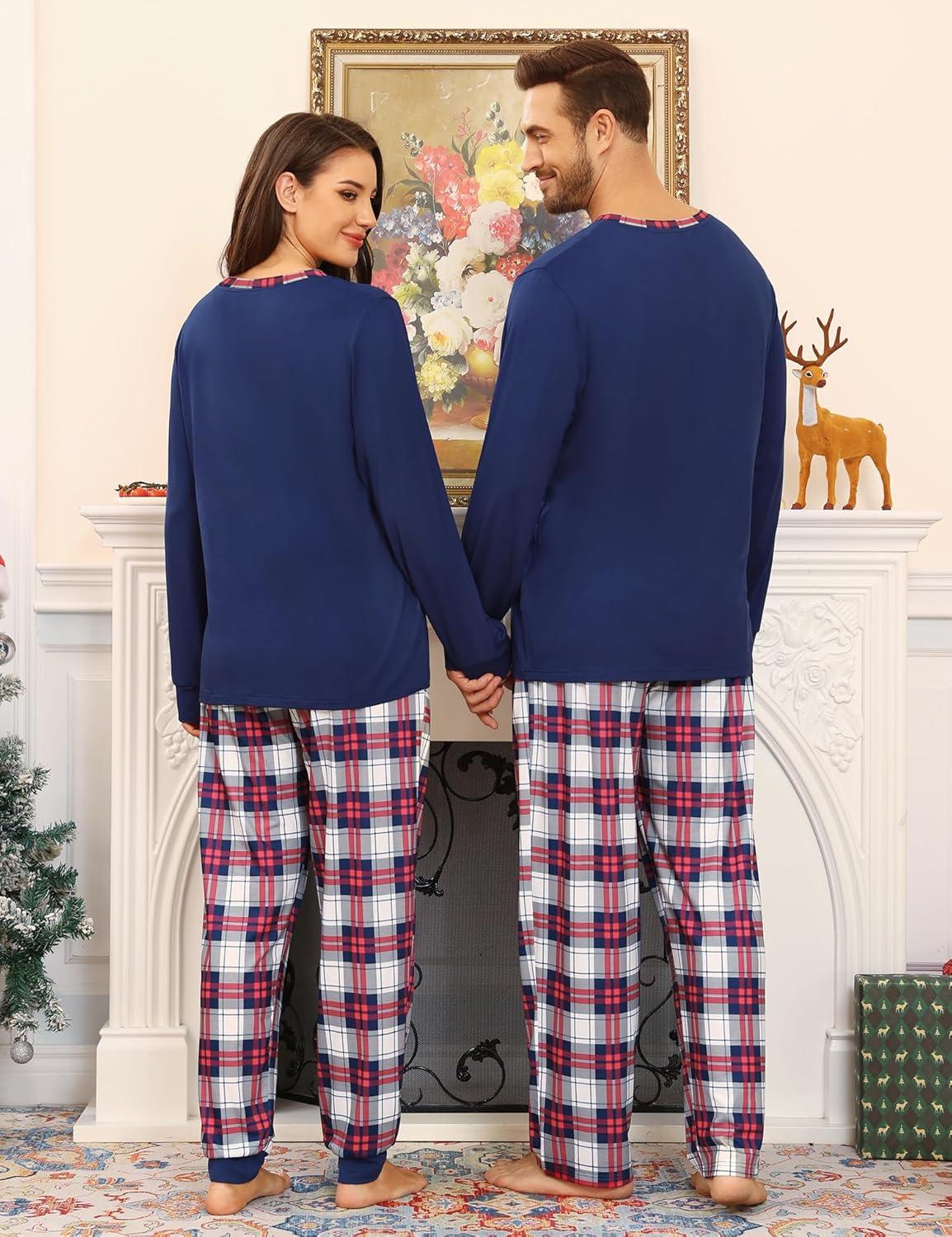 imageSWOMOG Couple Matching Pajamas Plaid Long Sleeve Christmas Pjs for Men and Women Soft Warm Loungewear with PocketRed Navy Grid