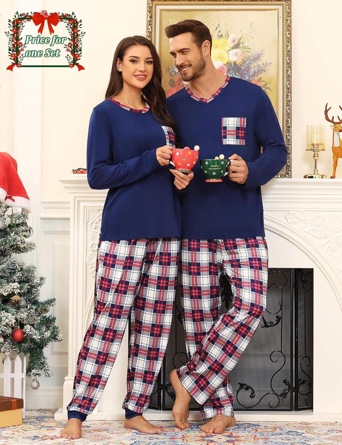 imageSWOMOG Couple Matching Pajamas Plaid Long Sleeve Christmas Pjs for Men and Women Soft Warm Loungewear with PocketRed Navy Grid