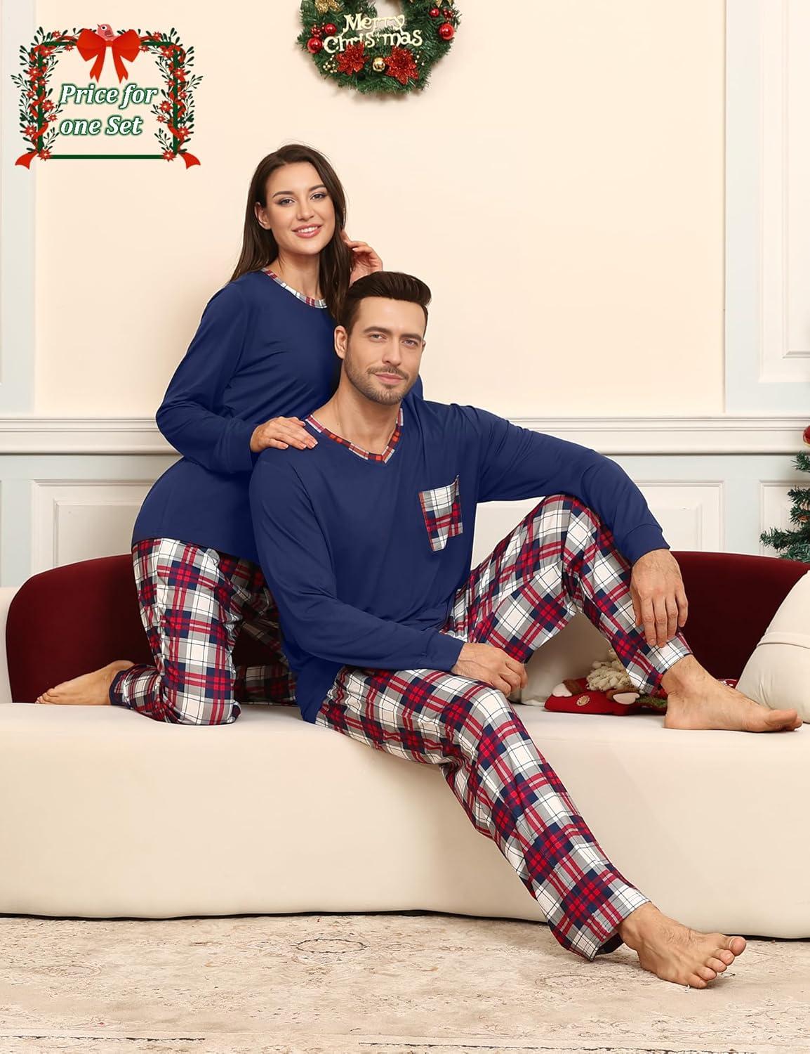 imageSWOMOG Couple Matching Pajamas Plaid Long Sleeve Christmas Pjs for Men and Women Soft Warm Loungewear with PocketRed Navy Grid