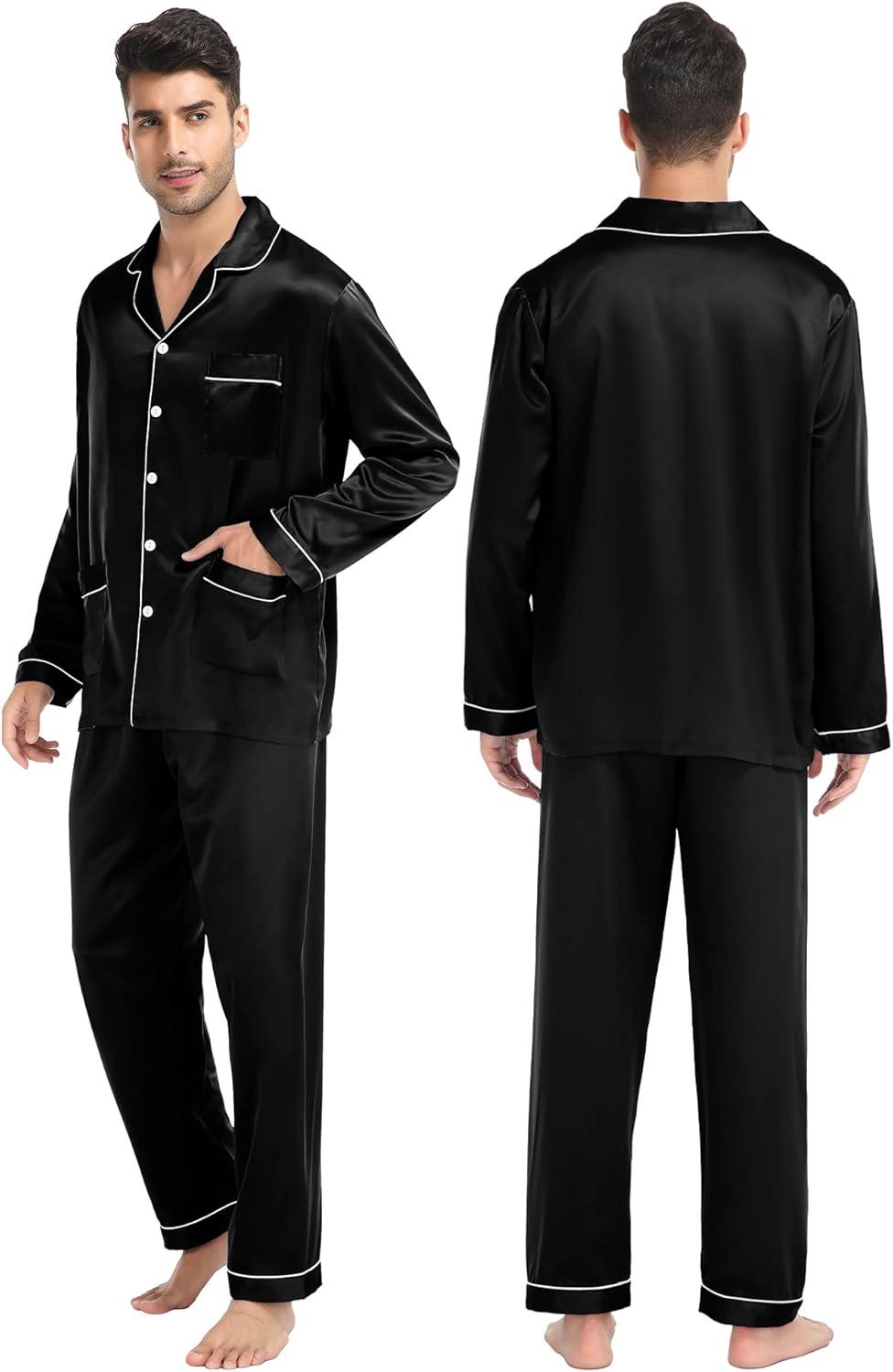 imageSWOMOG Couples Matching Pajamas Set Women amp Men Satin Long Sleeve Sleepwear Soft Button Down Pj Set Silk LoungewearBlack