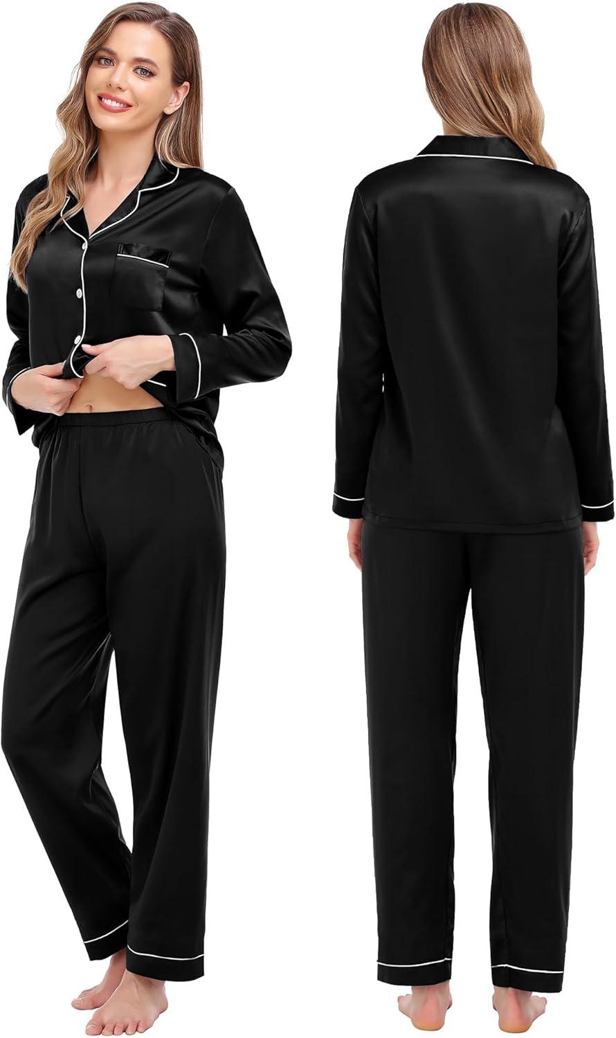 imageSWOMOG Couples Matching Pajamas Set Women amp Men Satin Long Sleeve Sleepwear Soft Button Down Pj Set Silk LoungewearBlack