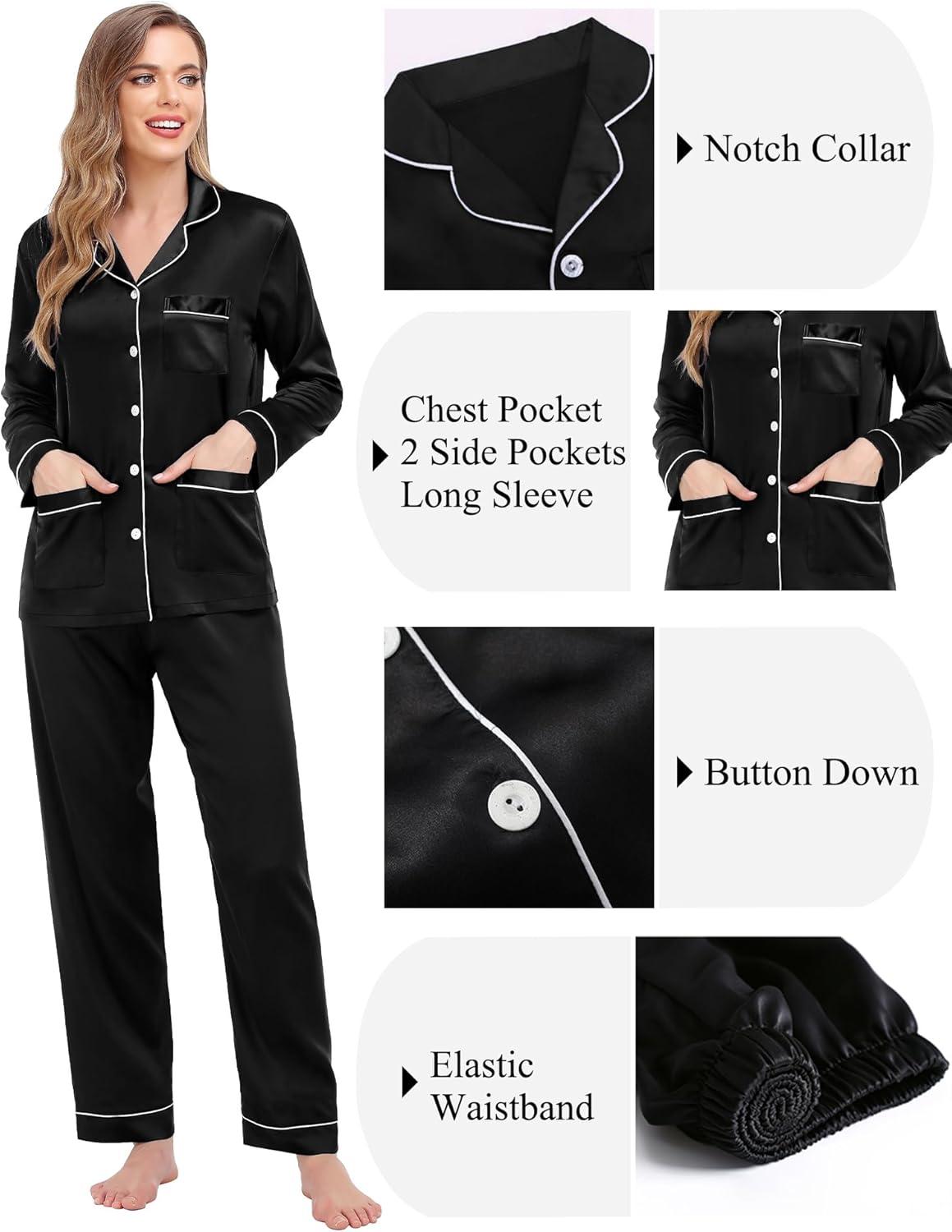 imageSWOMOG Couples Matching Pajamas Set Women amp Men Satin Long Sleeve Sleepwear Soft Button Down Pj Set Silk LoungewearBlack