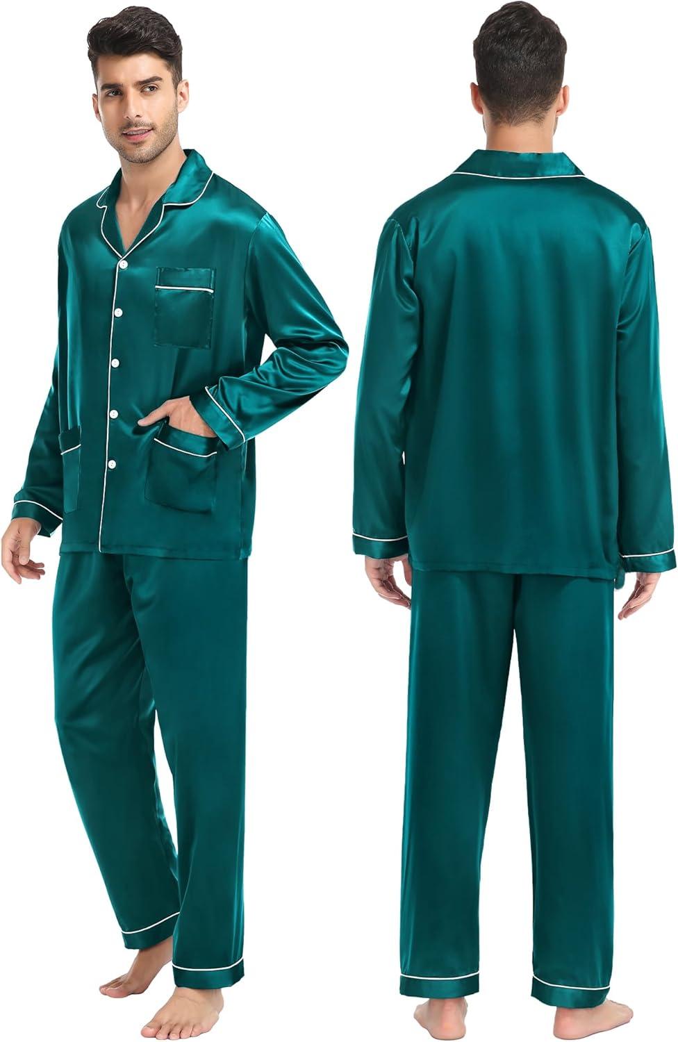 imageSWOMOG Couples Matching Pajamas Set Women amp Men Satin Long Sleeve Sleepwear Soft Button Down Pj Set Silk LoungewearGreen
