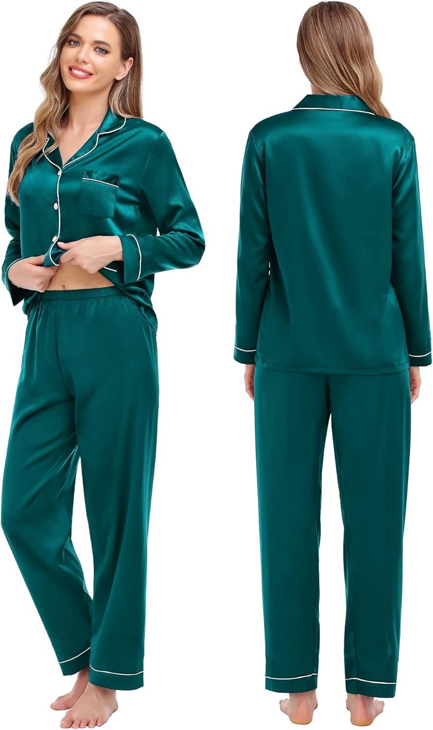 imageSWOMOG Couples Matching Pajamas Set Women amp Men Satin Long Sleeve Sleepwear Soft Button Down Pj Set Silk LoungewearGreen