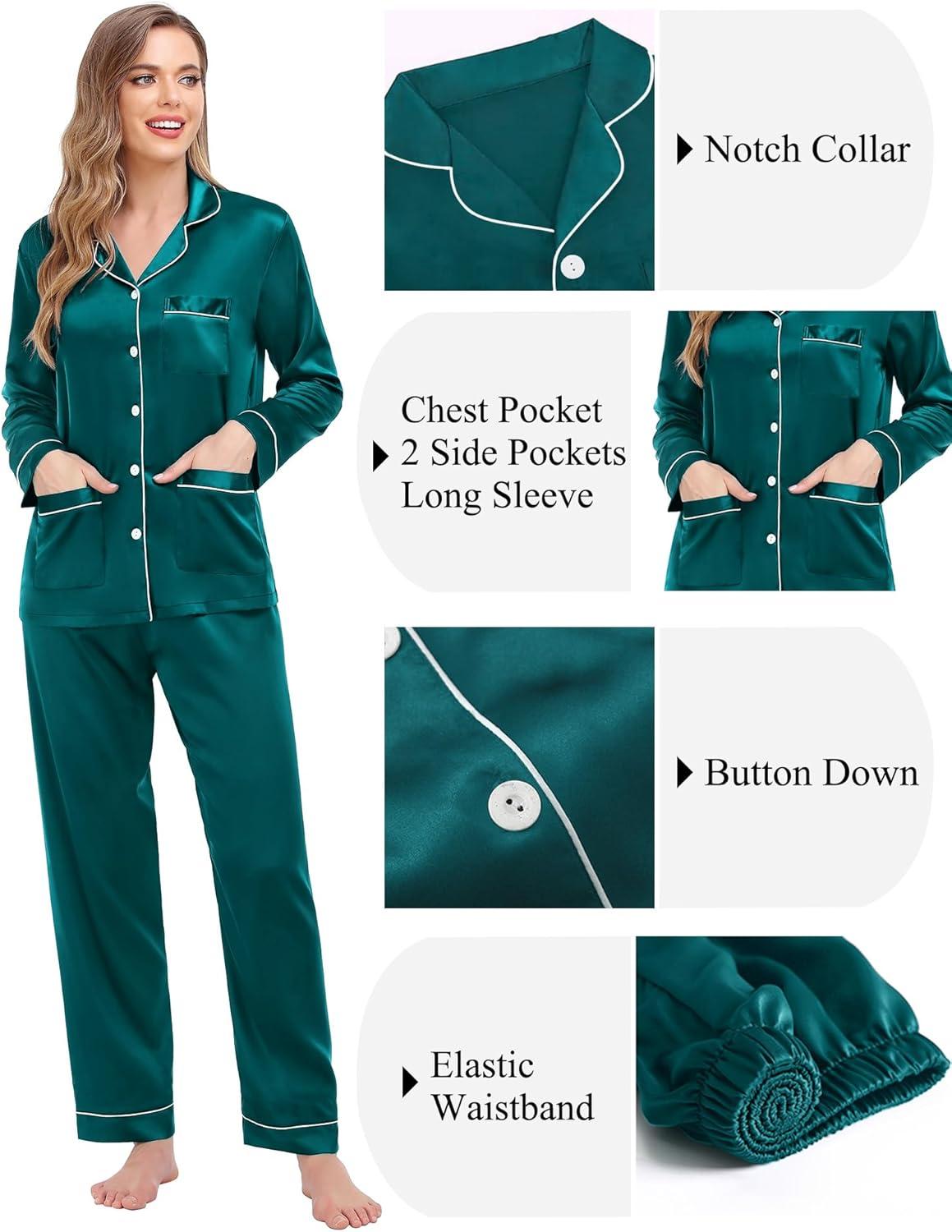 imageSWOMOG Couples Matching Pajamas Set Women amp Men Satin Long Sleeve Sleepwear Soft Button Down Pj Set Silk LoungewearGreen