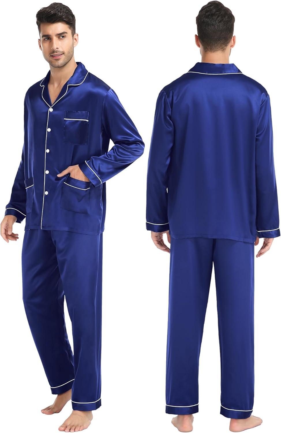 imageSWOMOG Couples Matching Pajamas Set Women amp Men Satin Long Sleeve Sleepwear Soft Button Down Pj Set Silk LoungewearNavy Blue