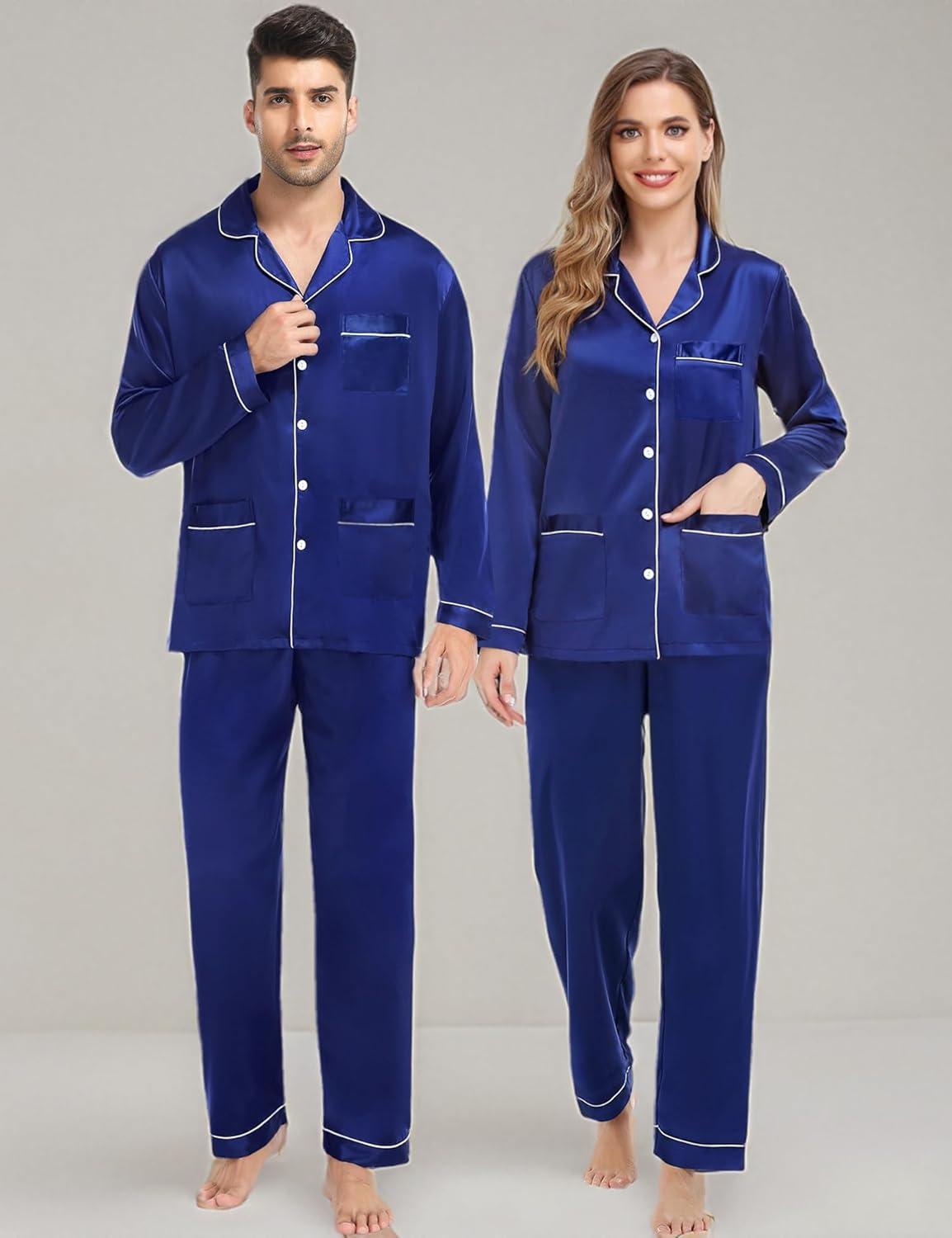 imageSWOMOG Couples Matching Pajamas Set Women amp Men Satin Long Sleeve Sleepwear Soft Button Down Pj Set Silk LoungewearNavy Blue