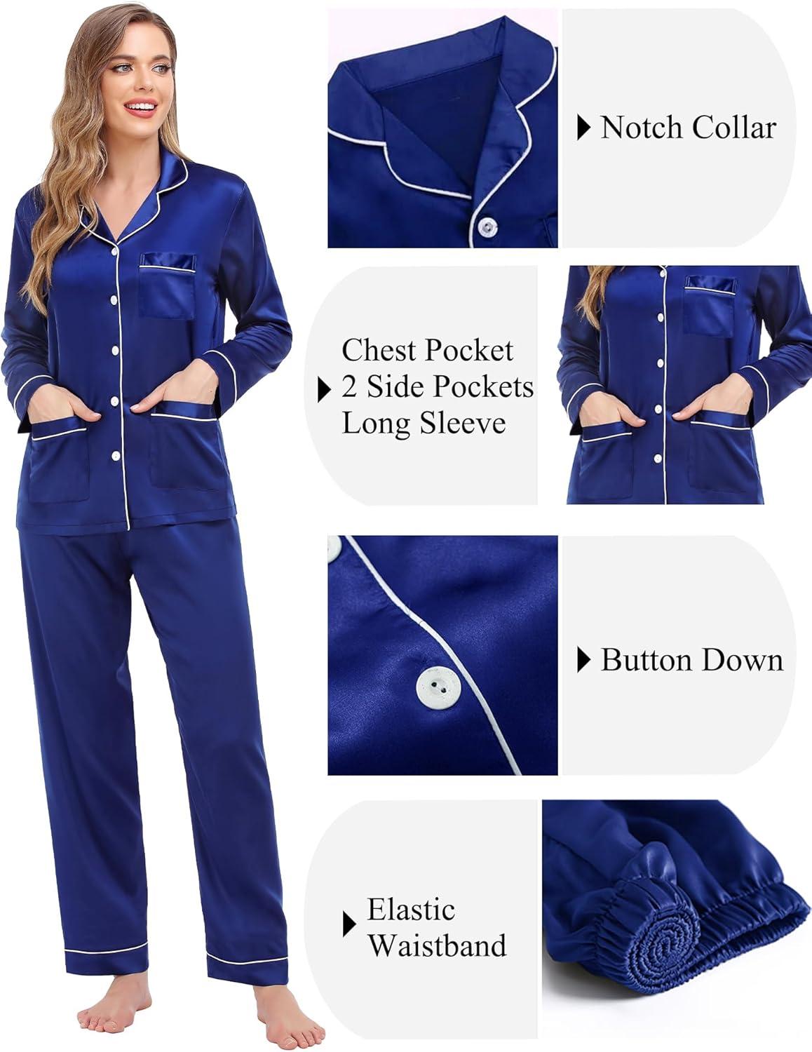imageSWOMOG Couples Matching Pajamas Set Women amp Men Satin Long Sleeve Sleepwear Soft Button Down Pj Set Silk LoungewearNavy Blue