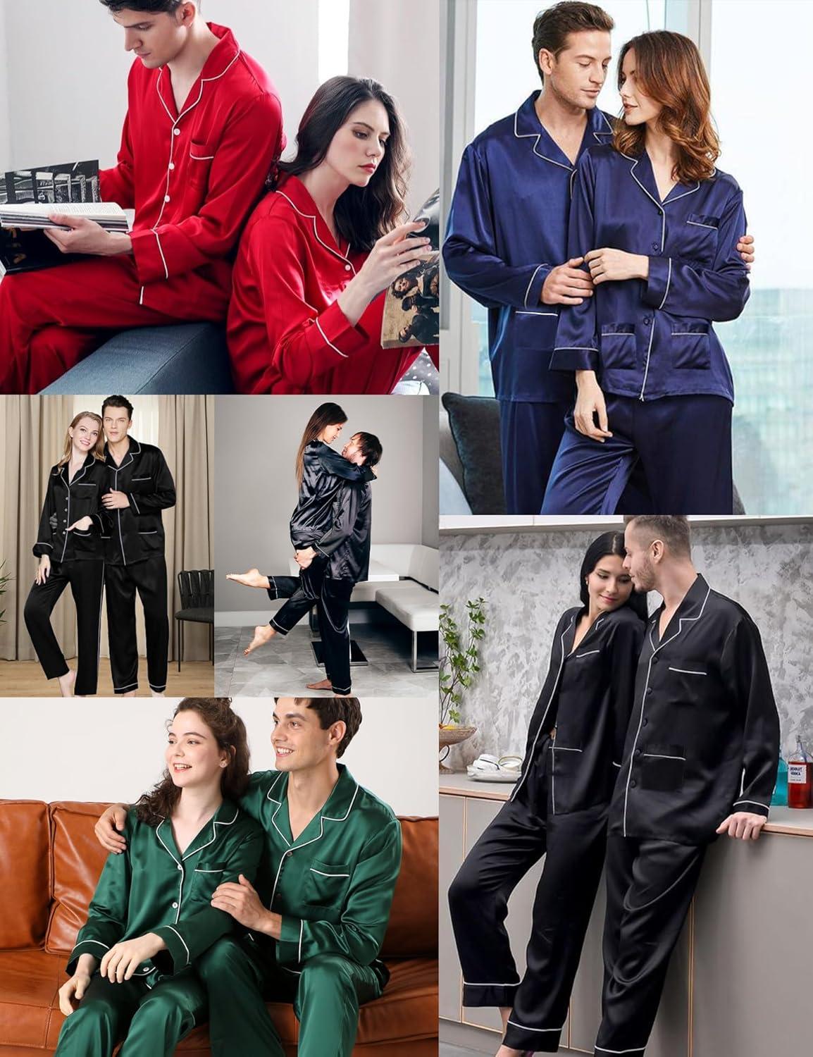 imageSWOMOG Couples Matching Pajamas Set Women amp Men Satin Long Sleeve Sleepwear Soft Button Down Pj Set Silk LoungewearNavy Blue
