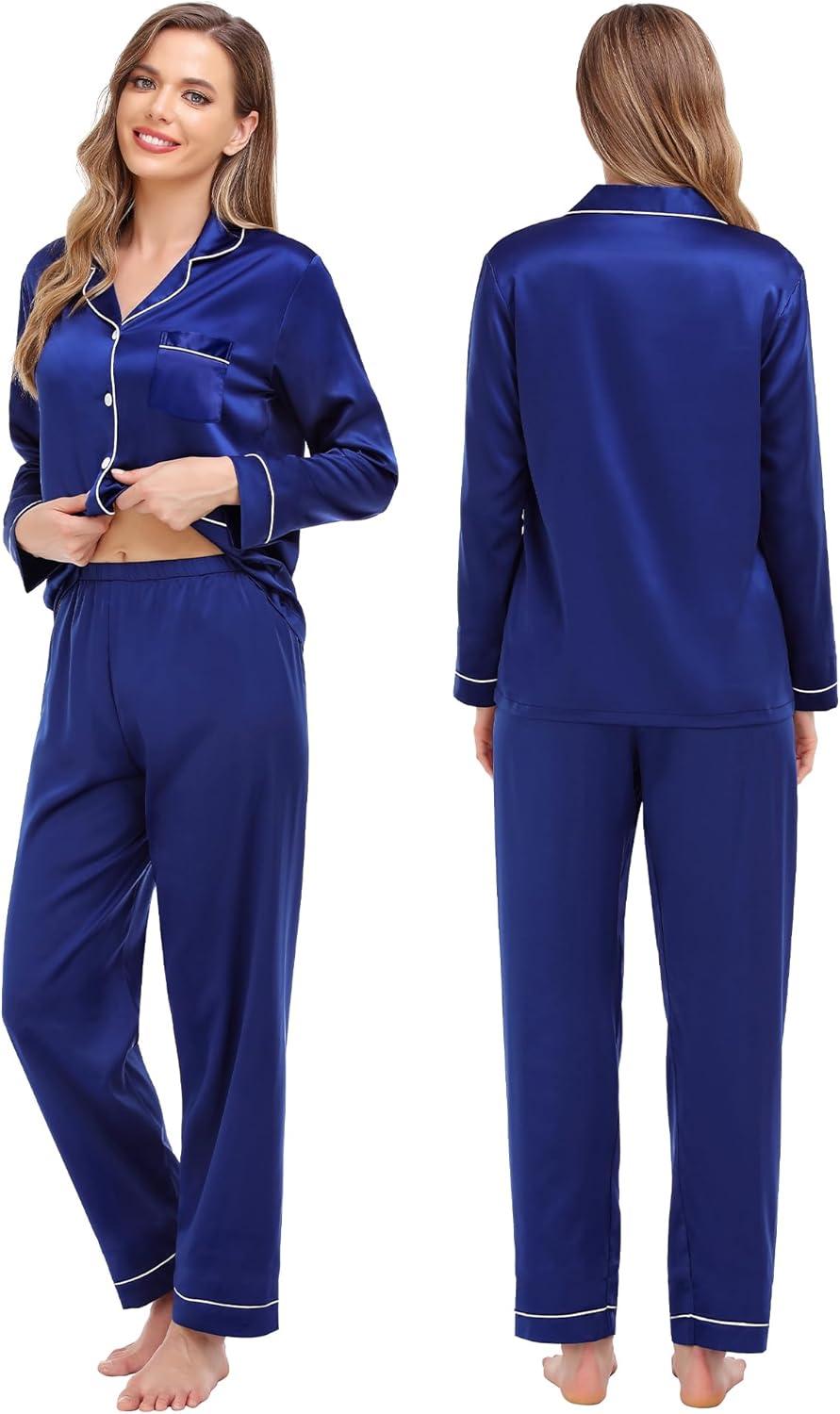 imageSWOMOG Couples Matching Pajamas Set Women amp Men Satin Long Sleeve Sleepwear Soft Button Down Pj Set Silk LoungewearNavy Blue