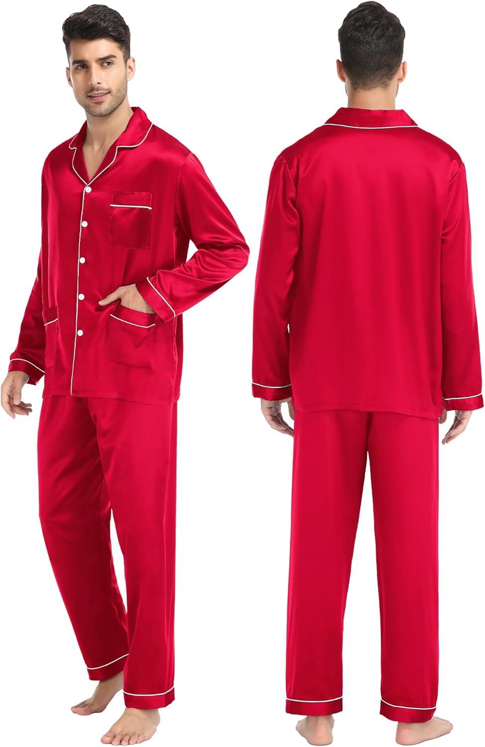 imageSWOMOG Couples Matching Pajamas Set Women amp Men Satin Long Sleeve Sleepwear Soft Button Down Pj Set Silk LoungewearRed