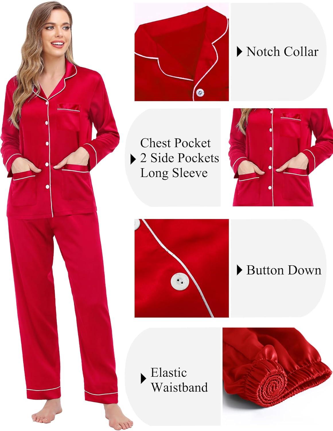 imageSWOMOG Couples Matching Pajamas Set Women amp Men Satin Long Sleeve Sleepwear Soft Button Down Pj Set Silk LoungewearRed