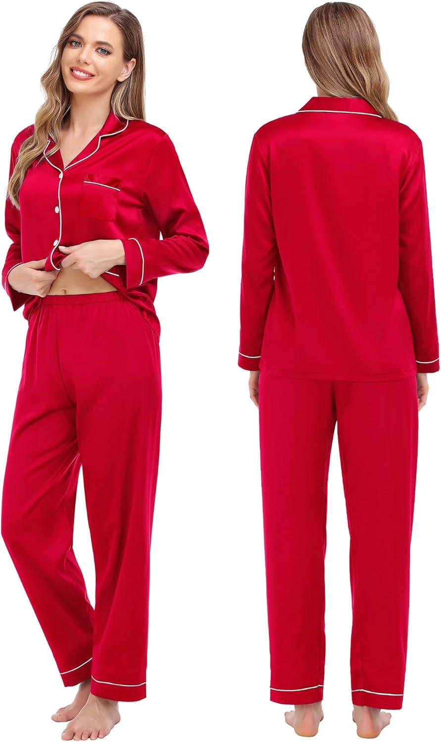 imageSWOMOG Couples Matching Pajamas Set Women amp Men Satin Long Sleeve Sleepwear Soft Button Down Pj Set Silk LoungewearRed