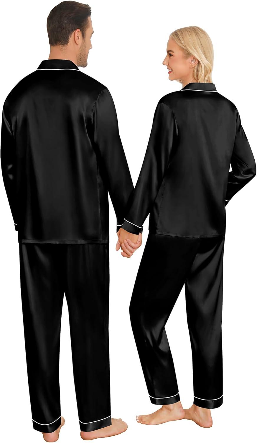 imageSWOMOG Couples Pajamas Sets Silk Satin Long Sleeve Sleepwear Button Down Loungewear Pjs Set Classic Pajama SXXLBlack